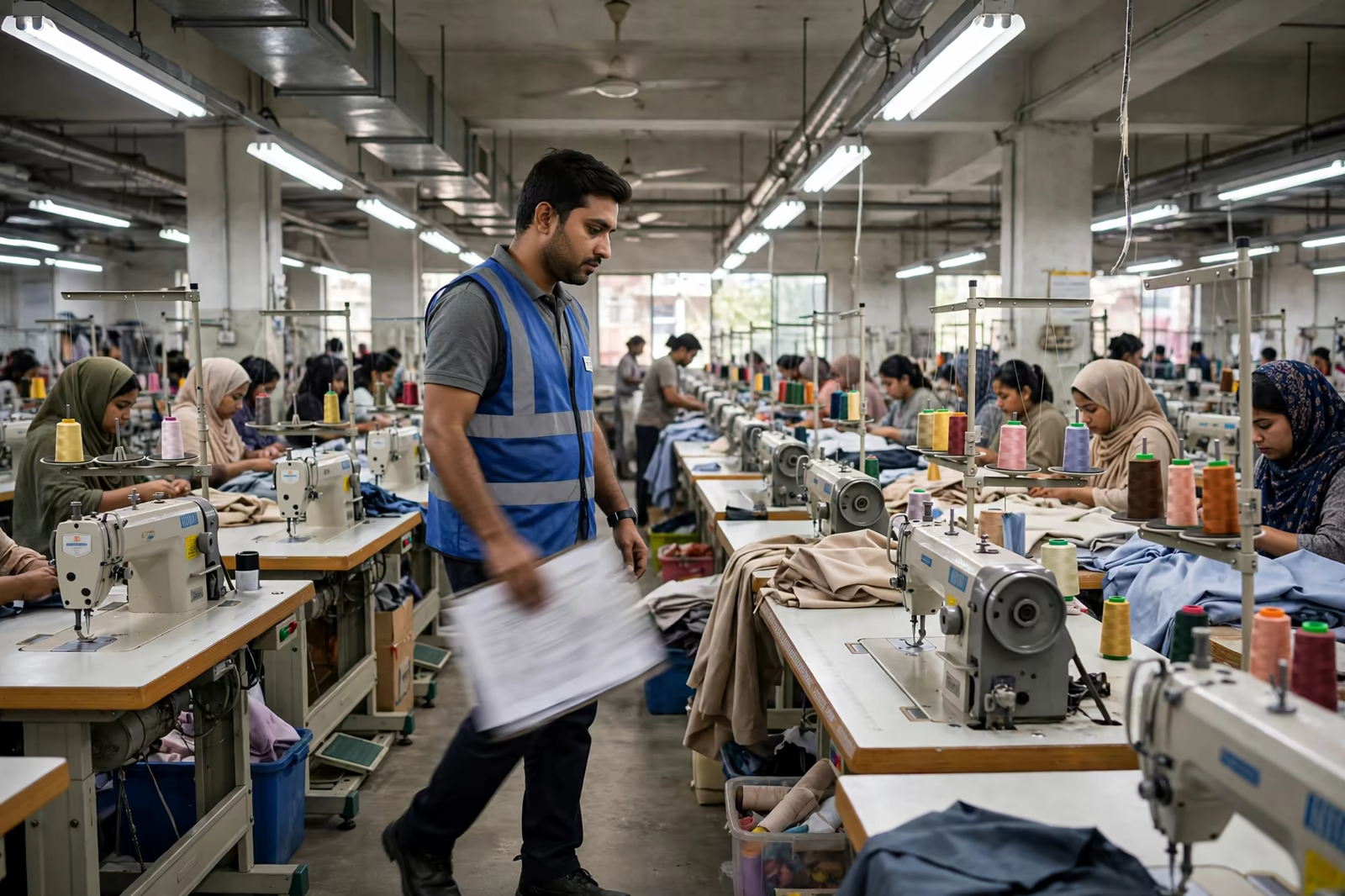An auditor walking a sewing floor in Bangladesh