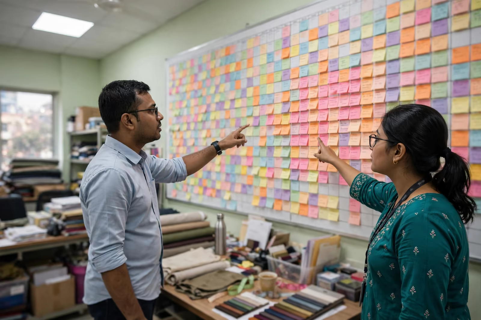 Production planners reviewing the order board for coming seasons in Bangladesh