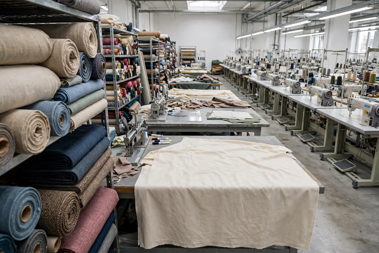 A factory floor with fabric storage racks, a cutting table and sewing lines seen on a buyer visit, produced by a clothing manufacturer in Bangladesh