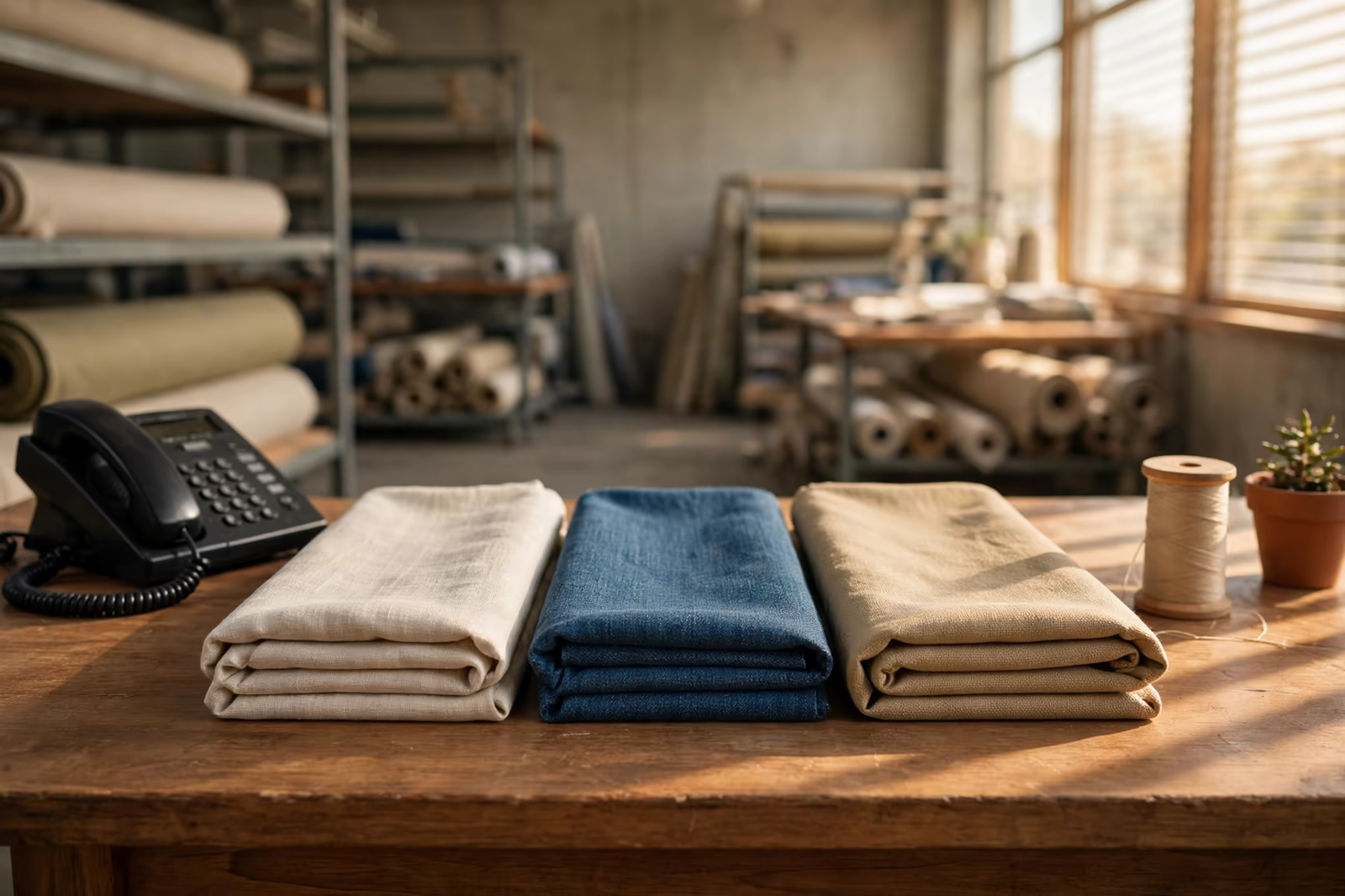 A factory office desk with a telephone and folded fabric samples in warm afternoon light, produced by a clothing manufacturer in Bangladesh