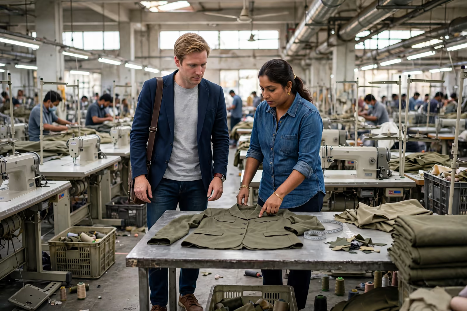A buyer touring a sewing floor in Bangladesh