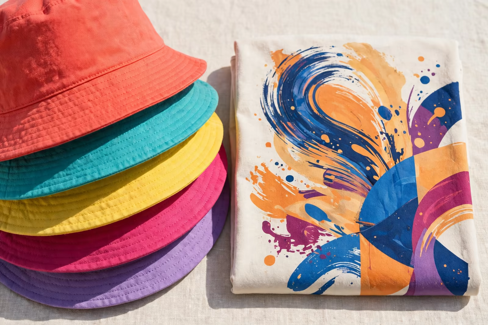 Colourful festival bucket hats stacked beside a folded event t-shirt with an abstract graphic print, produced by a clothing manufacturer in Bangladesh