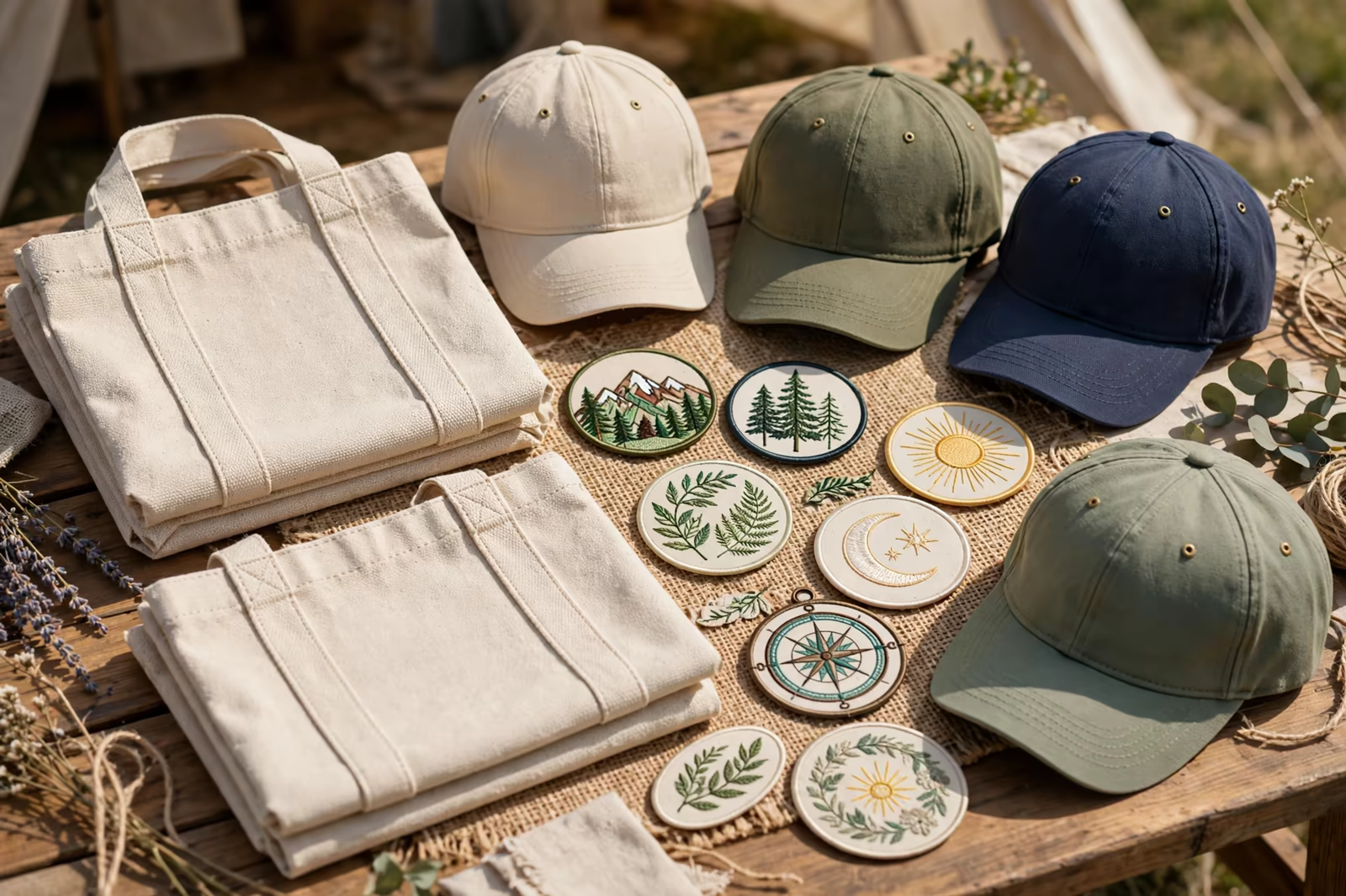 Canvas tote bags, baseball caps and embroidered patches with nature motifs on a festival stall table, produced by a clothing manufacturer in Bangladesh