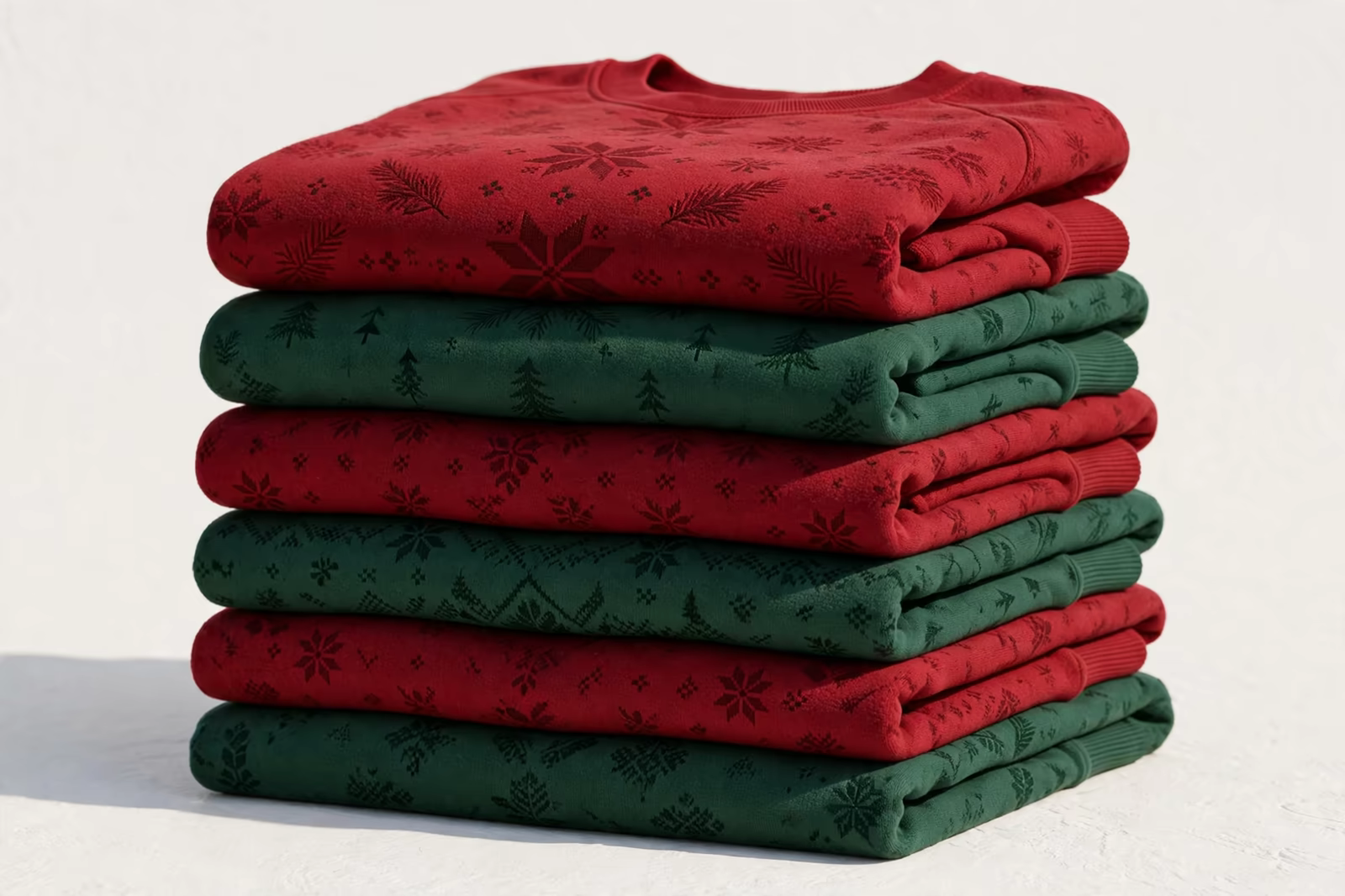 A stack of festive crewneck sweatshirts in red and green with tonal winter patterns, produced by a clothing manufacturer in Bangladesh