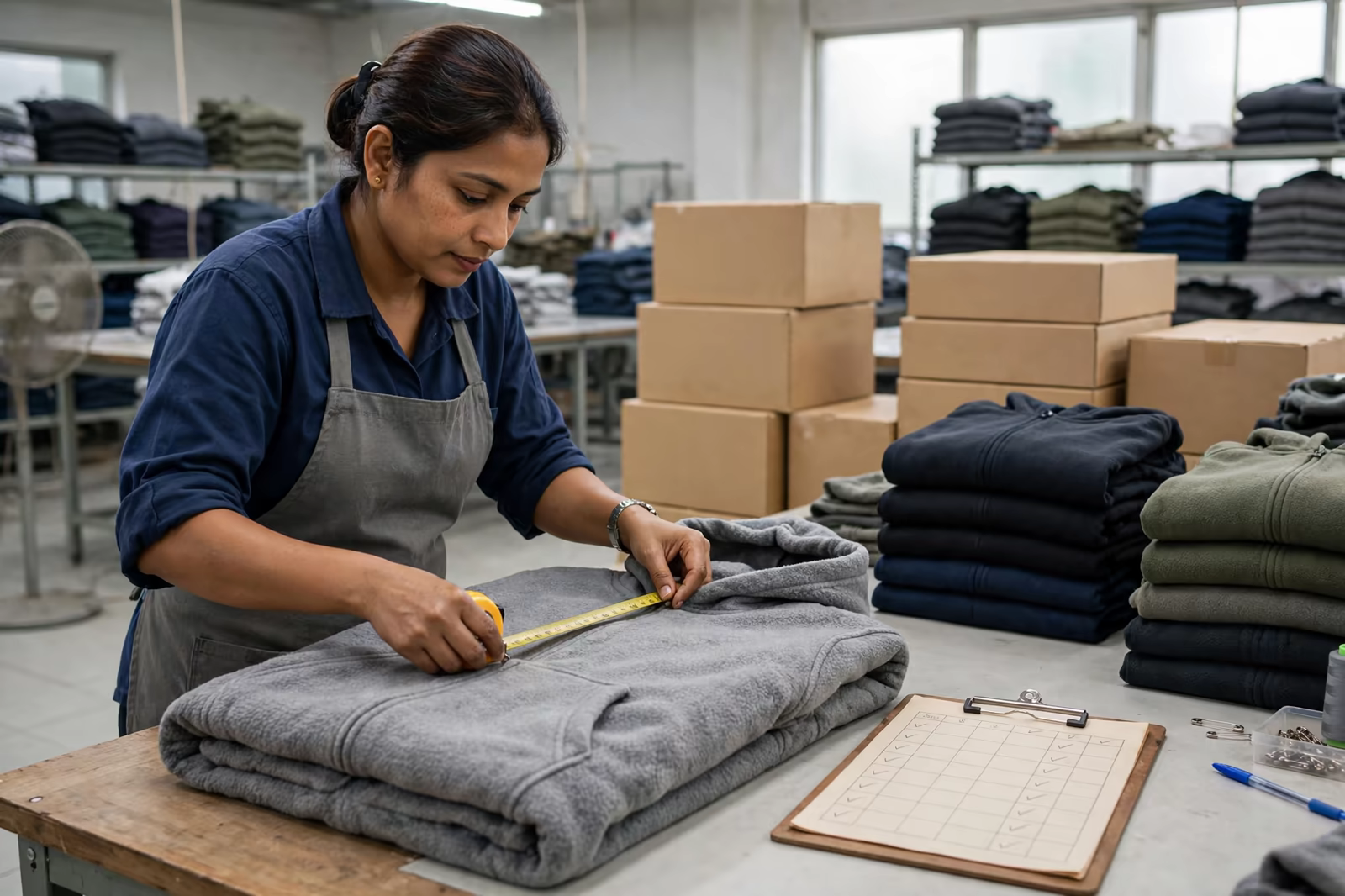 Inspector measuring a finished fleece hoodie at a final inspection table with cartons behind in Bangladesh