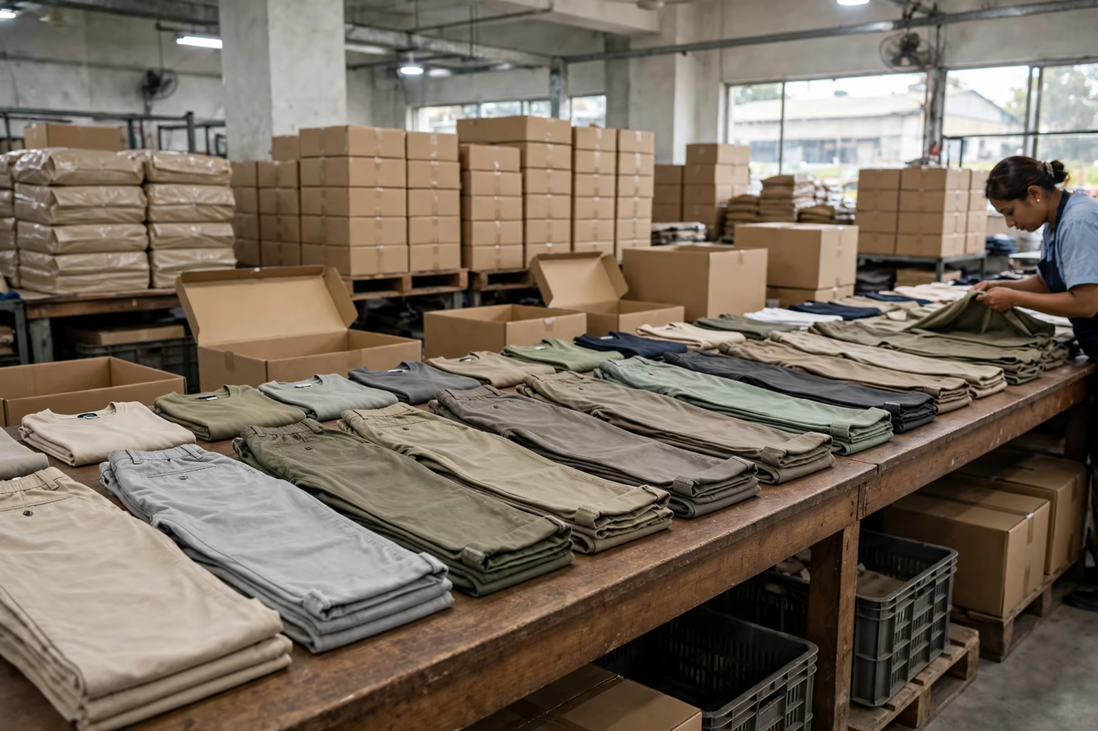 Folded trousers laid out in rows on a final inspection table with cartons behind in Bangladesh