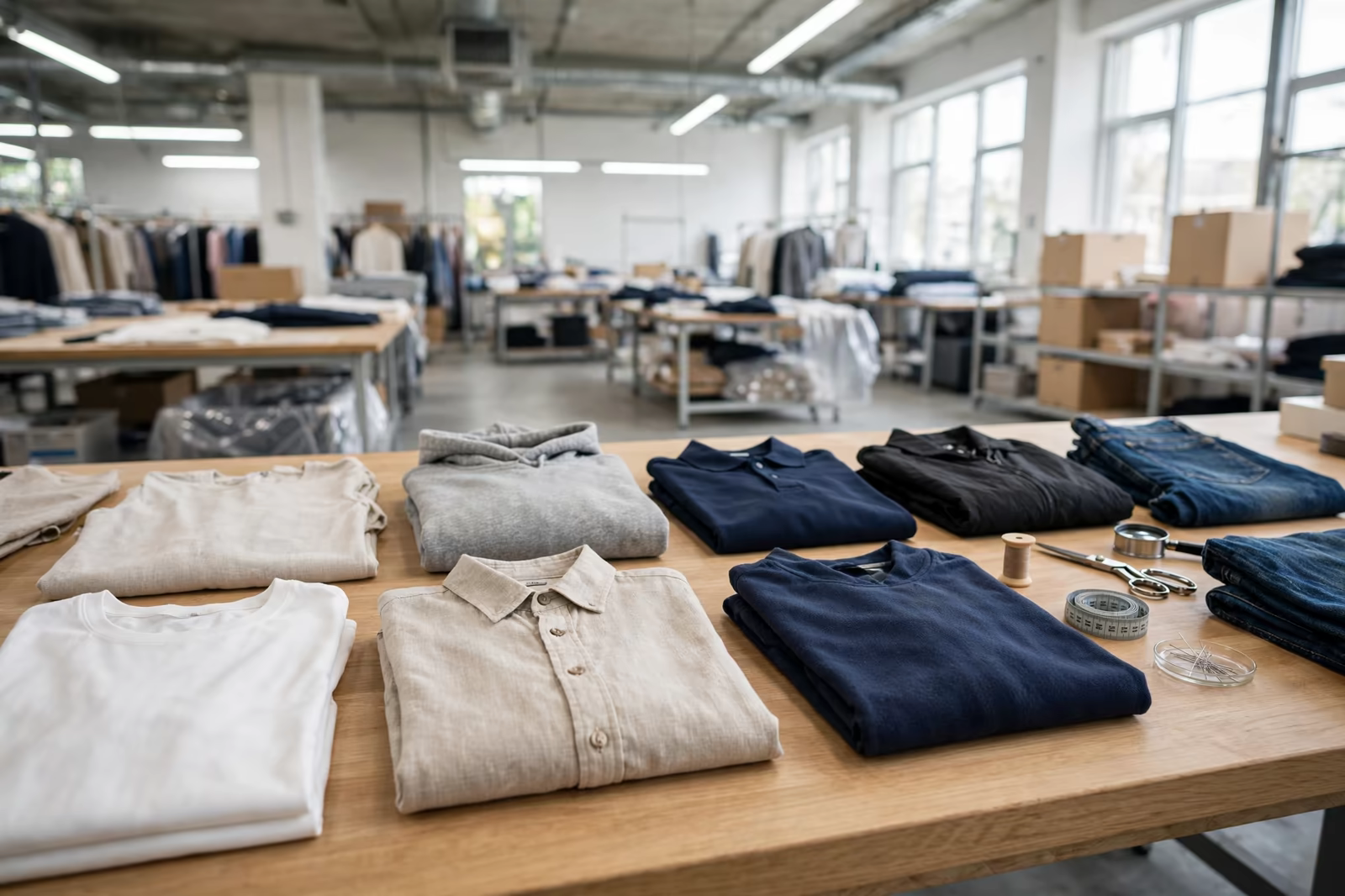 Finished garments laid out for final quality inspection on a long factory table, produced by a clothing manufacturer in Bangladesh