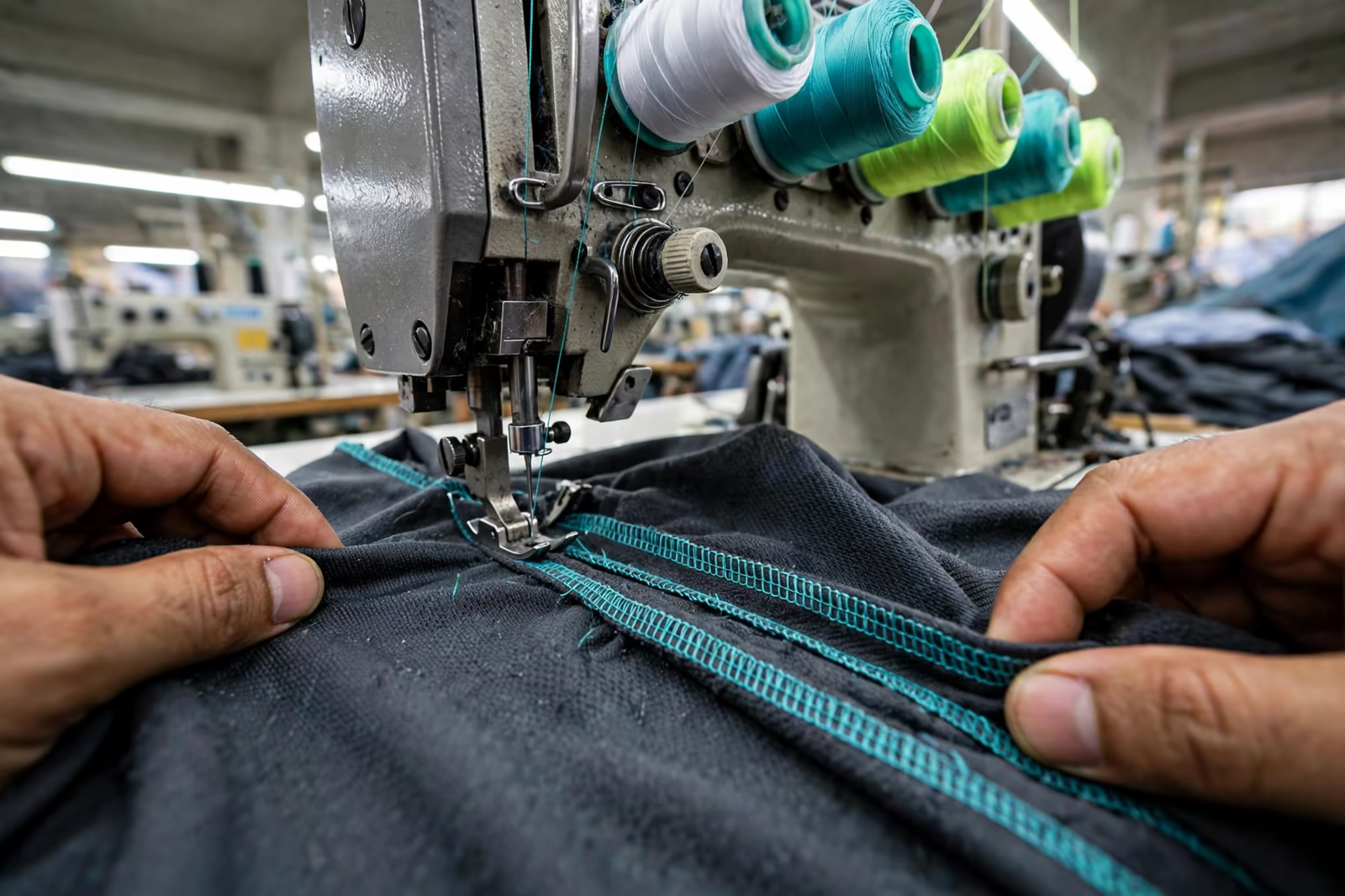 Flatlock stitching on a stretch performance garment in Bangladesh