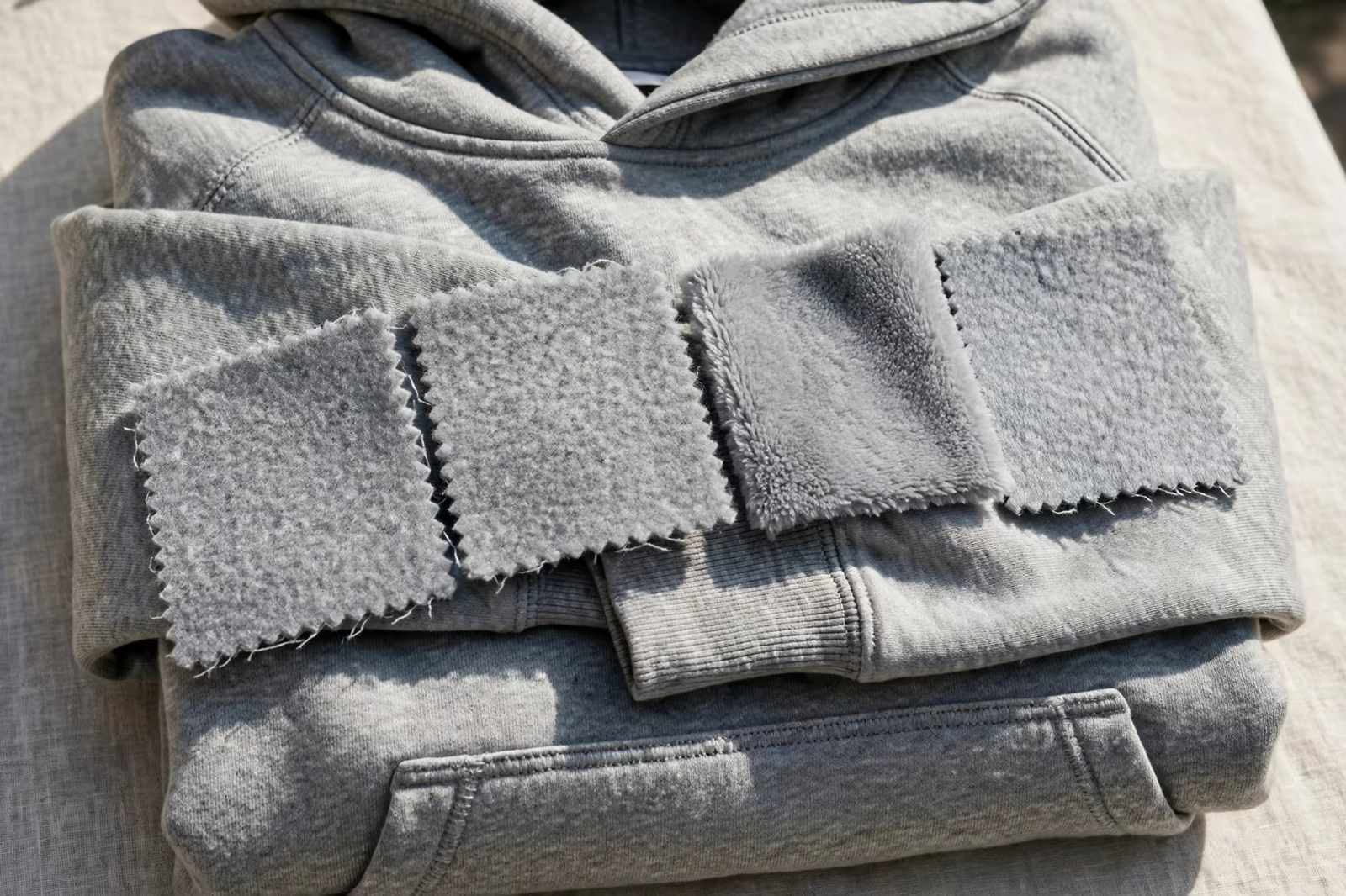 Fleece swatches matched against a hoodie in Bangladesh