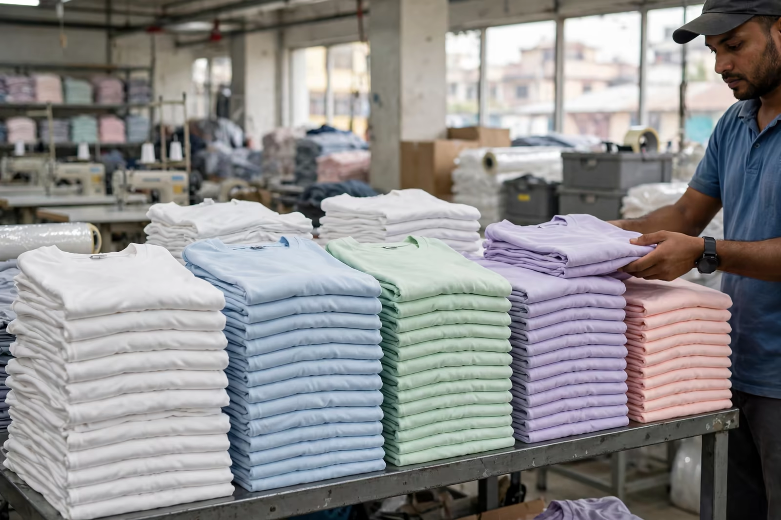 Folded cotton t-shirts in pastel colours prepared for European buyers