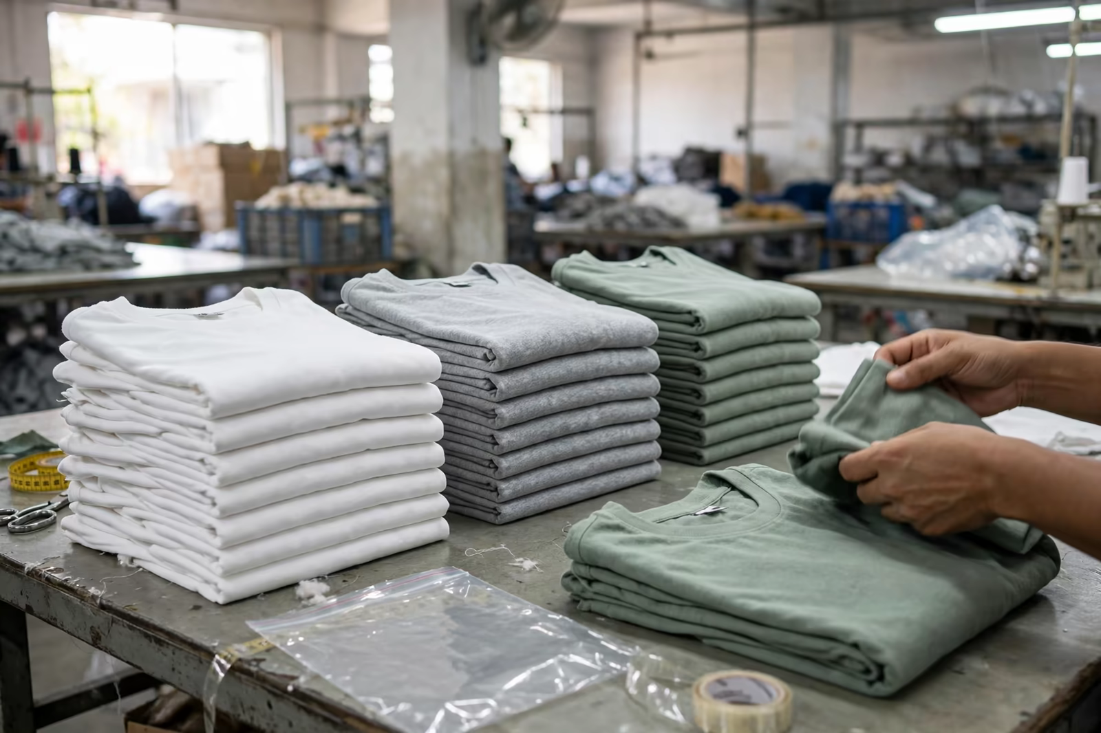 Folded crew-neck t-shirts in a basic apparel programme in Bangladesh
