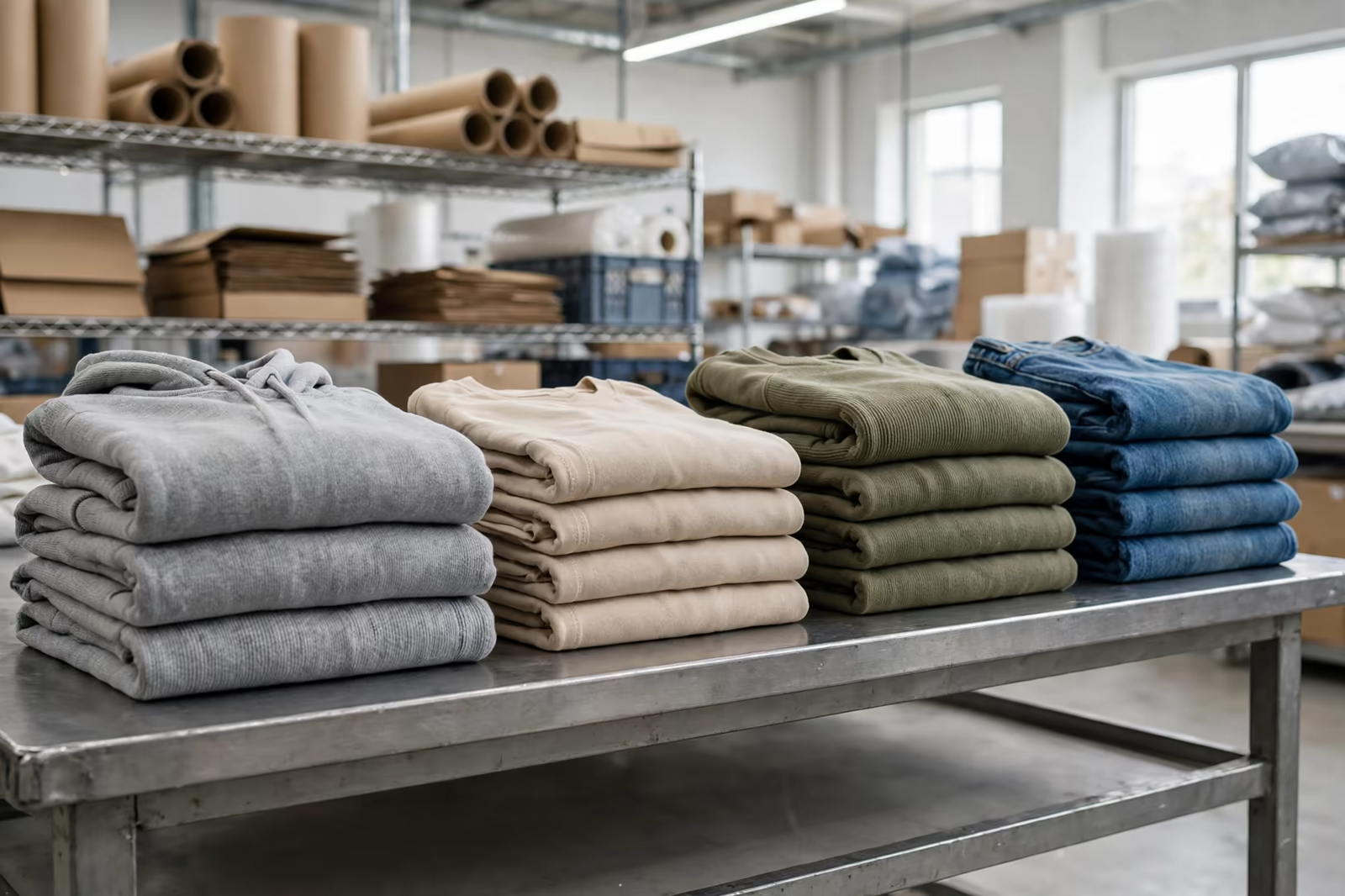 Neat stacks of folded garments ready for review on a table in a bright packing area, produced by a clothing manufacturer in Bangladesh