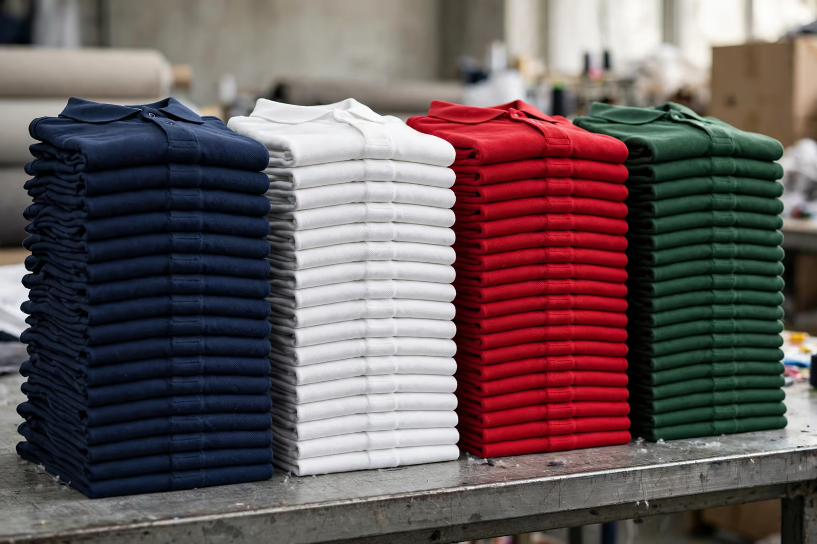 Deep stacks of folded polo shirts in four core colours on a factory table, produced by a clothing manufacturer in Bangladesh