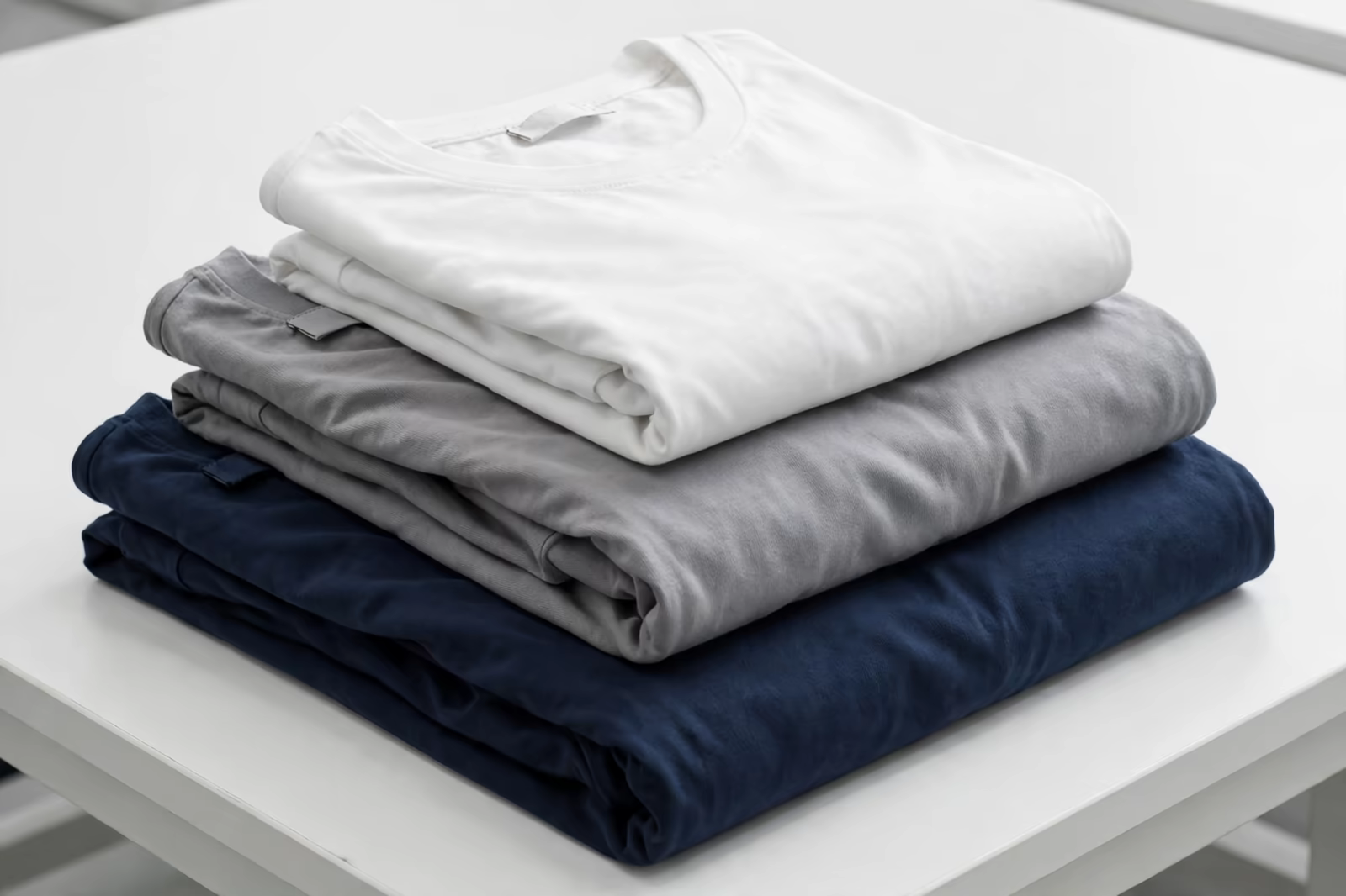 Folded t-shirts in graduated sizes with printed neck labels in Bangladesh