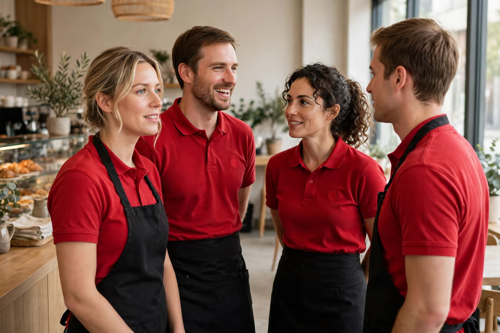 A franchise cafe team in identical red polo shirts and black aprons inside a unit, produced by a clothing manufacturer in Bangladesh