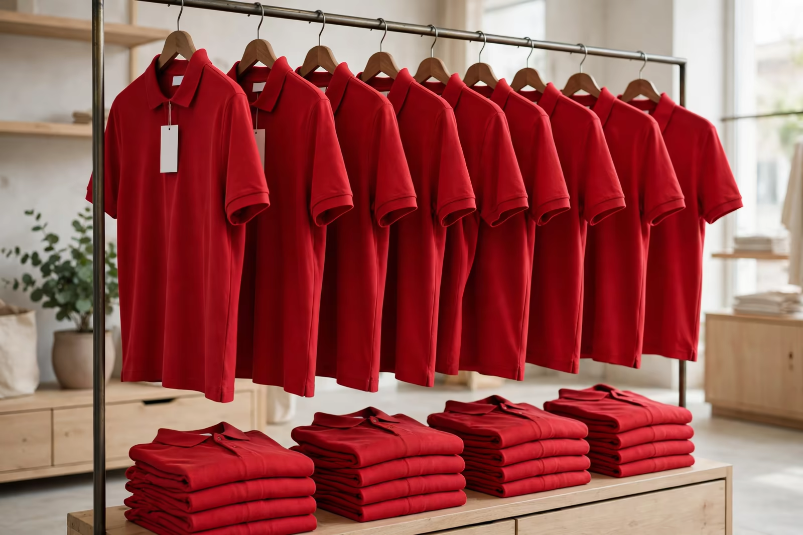 A rail of identical red polo shirts in one exact colour with folded stacks, produced by a clothing manufacturer in Bangladesh