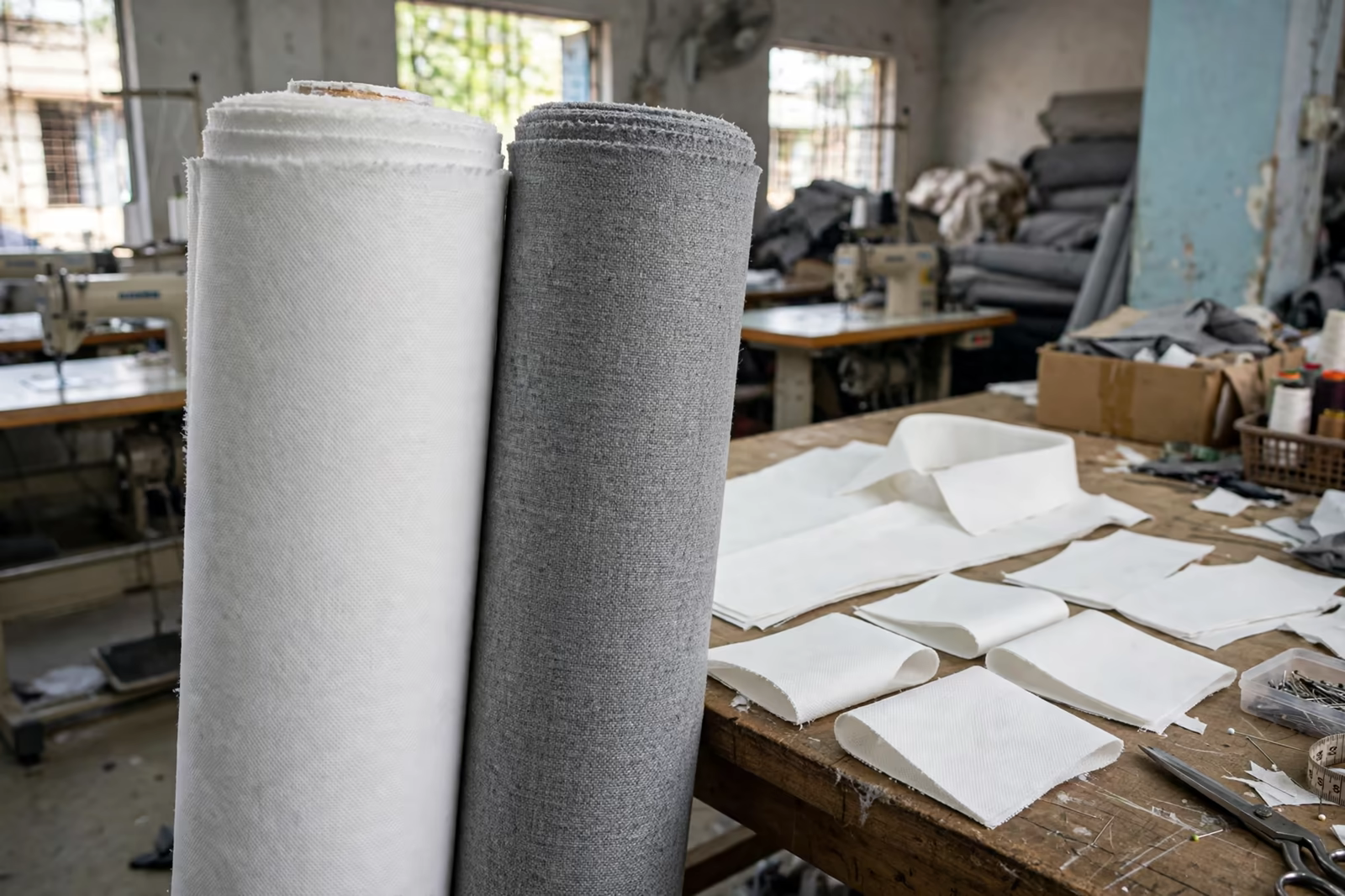 Fusible interlining rolls beside shirt collar pieces