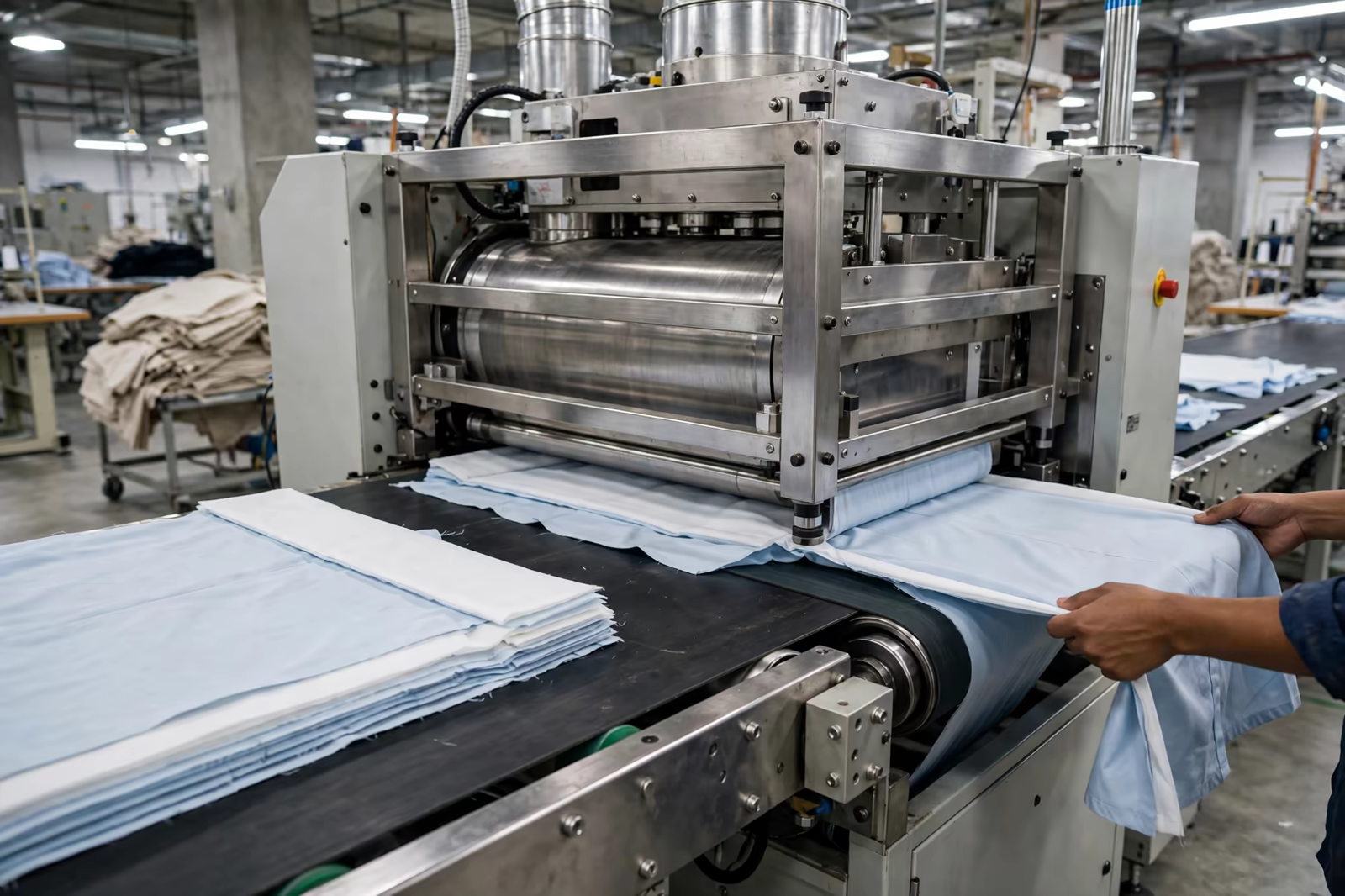 Fusing press bonding interlining to shirt fabric