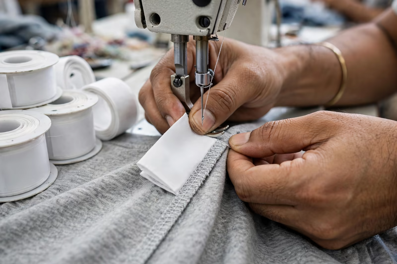 A care label being sewn into a garment side seam in Bangladesh