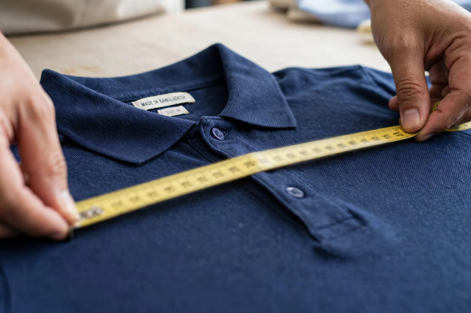 Chest measurement being taken on a finished polo shirt with a tape in Bangladesh