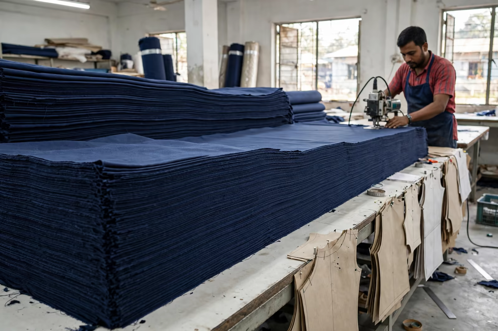 Garment cutting from layered fabric in a factory in Bangladesh