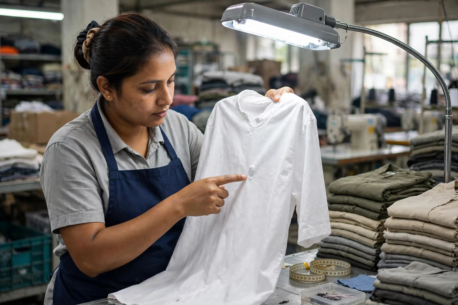 Inspector examining a major garment defect during final inspection in Bangladesh