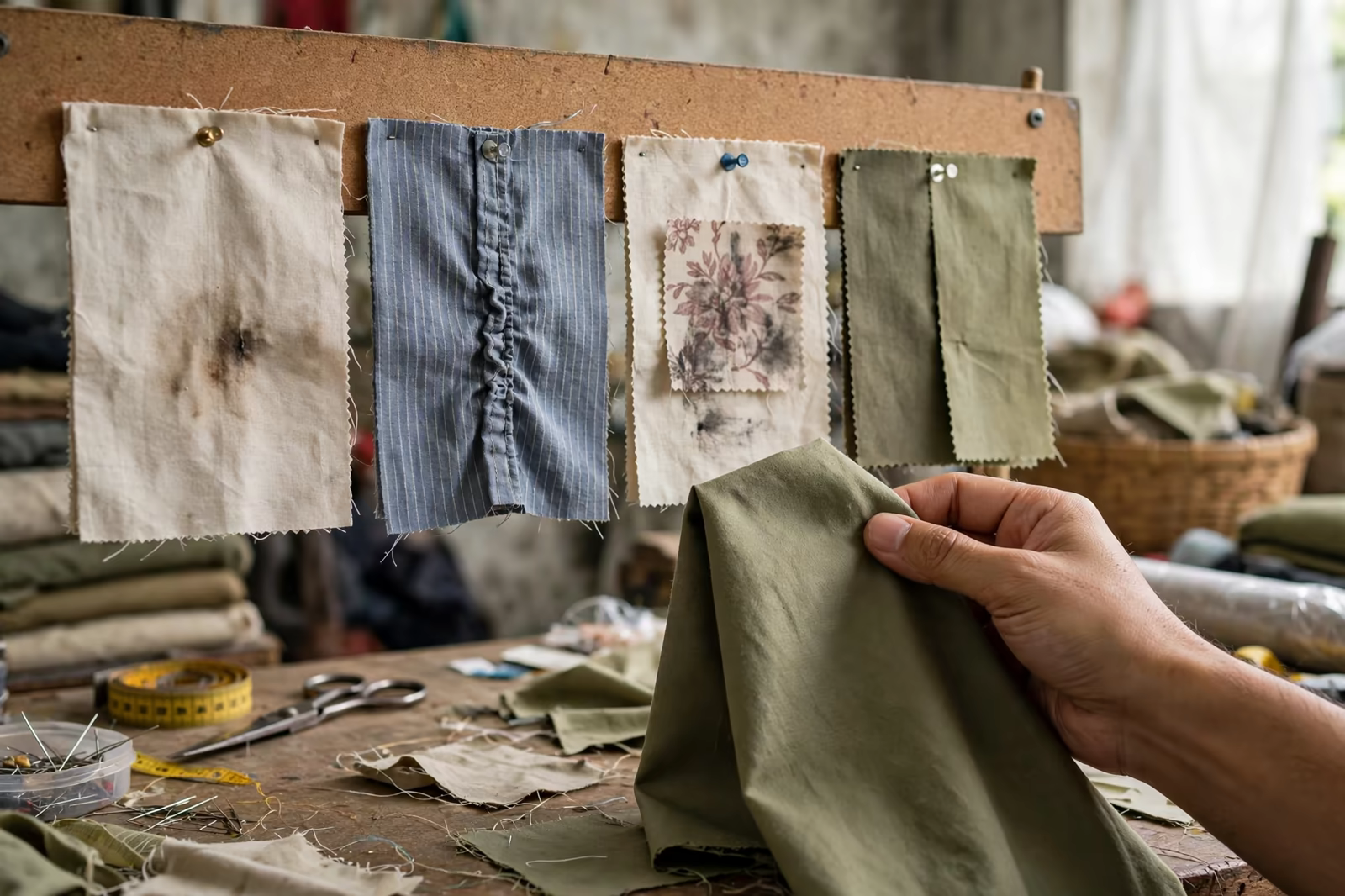 Approved defect limit samples kept at a garment inspection table in Bangladesh