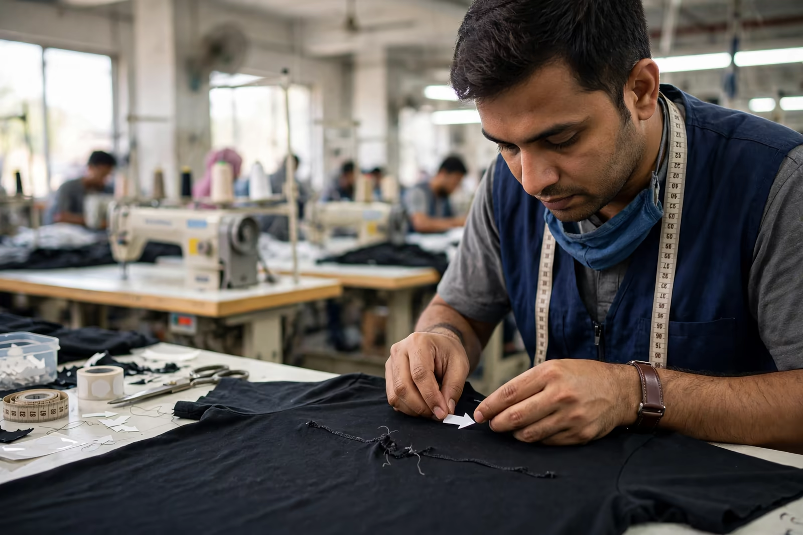 Inline inspector marking a defect for repair on a sewing line in Bangladesh