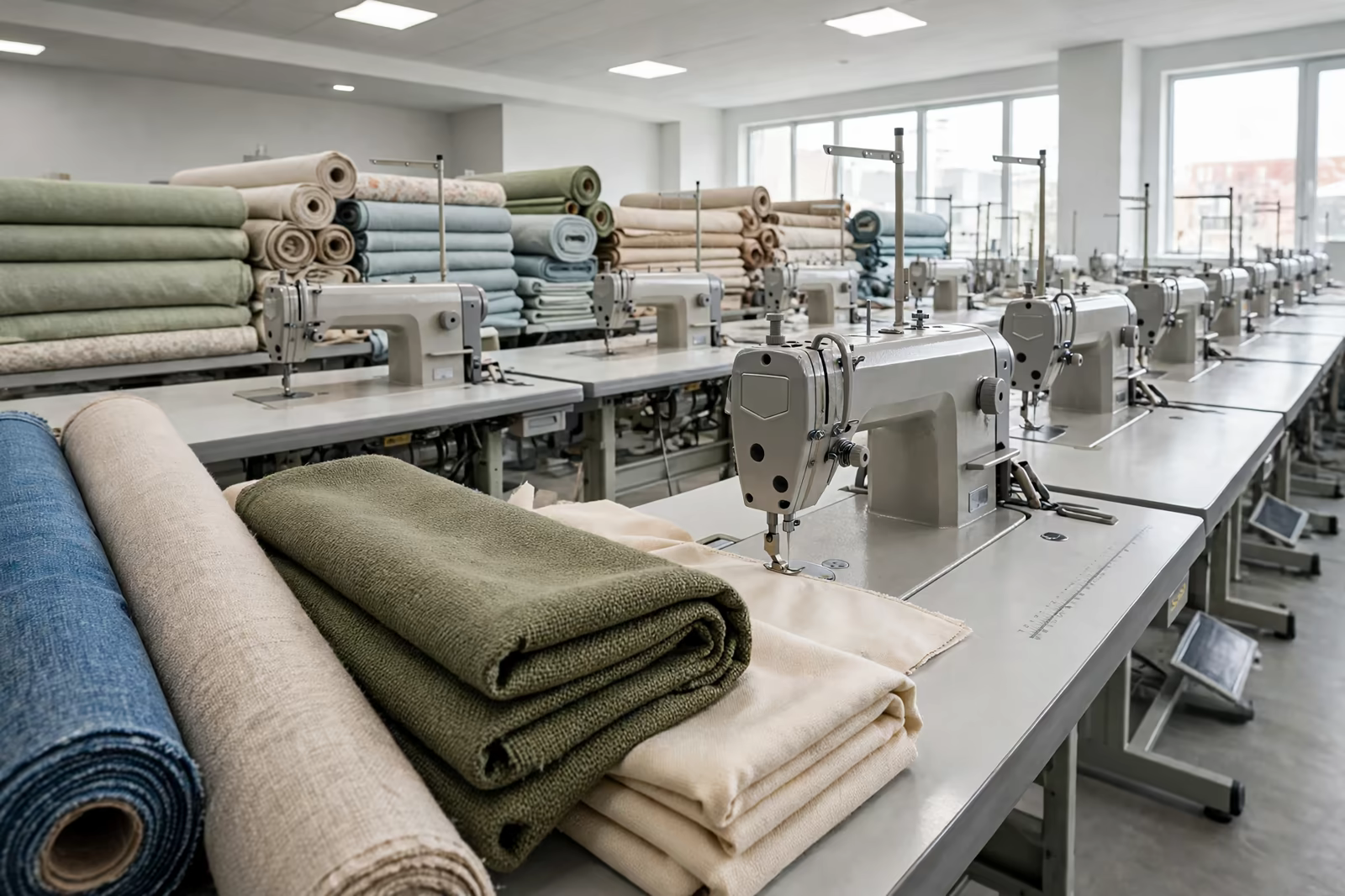 A bright garment factory sewing floor with rows of machines and fabric rolls, produced by a clothing manufacturer in Bangladesh