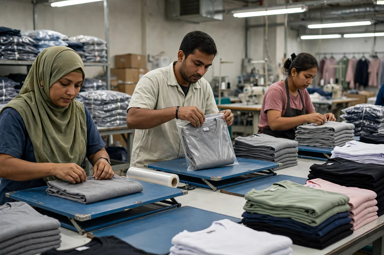 Garments being folded, tagged and packed into polybags in Bangladesh