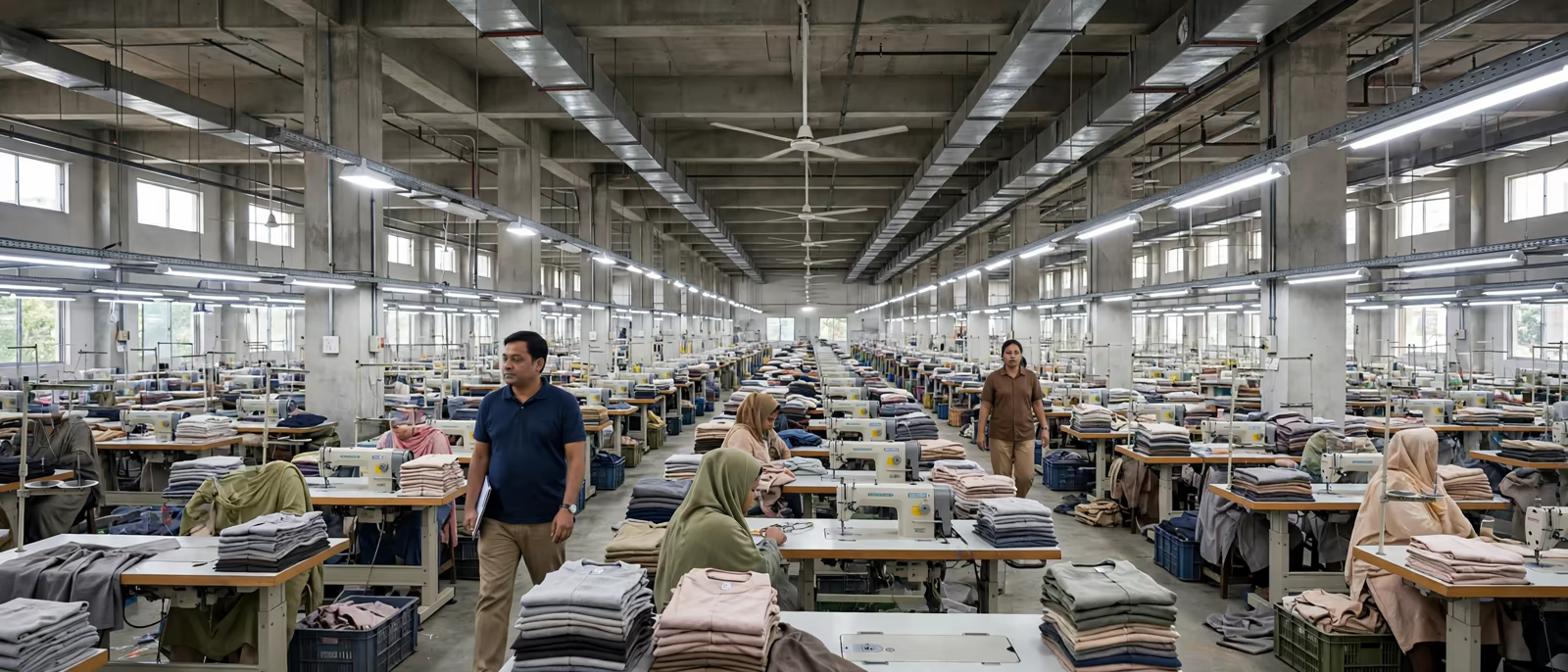 Garment workers across long sewing lines in a Bangladesh export factory