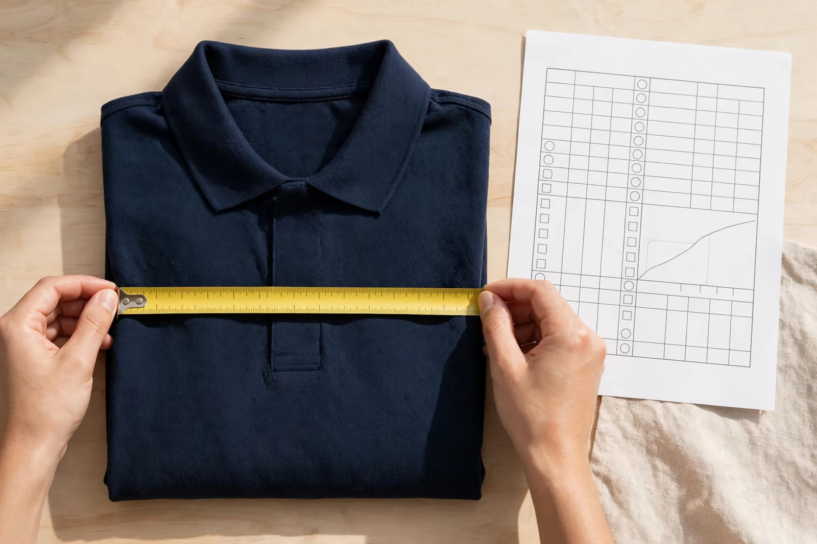 Polo shirt measured against a size chart in Bangladesh