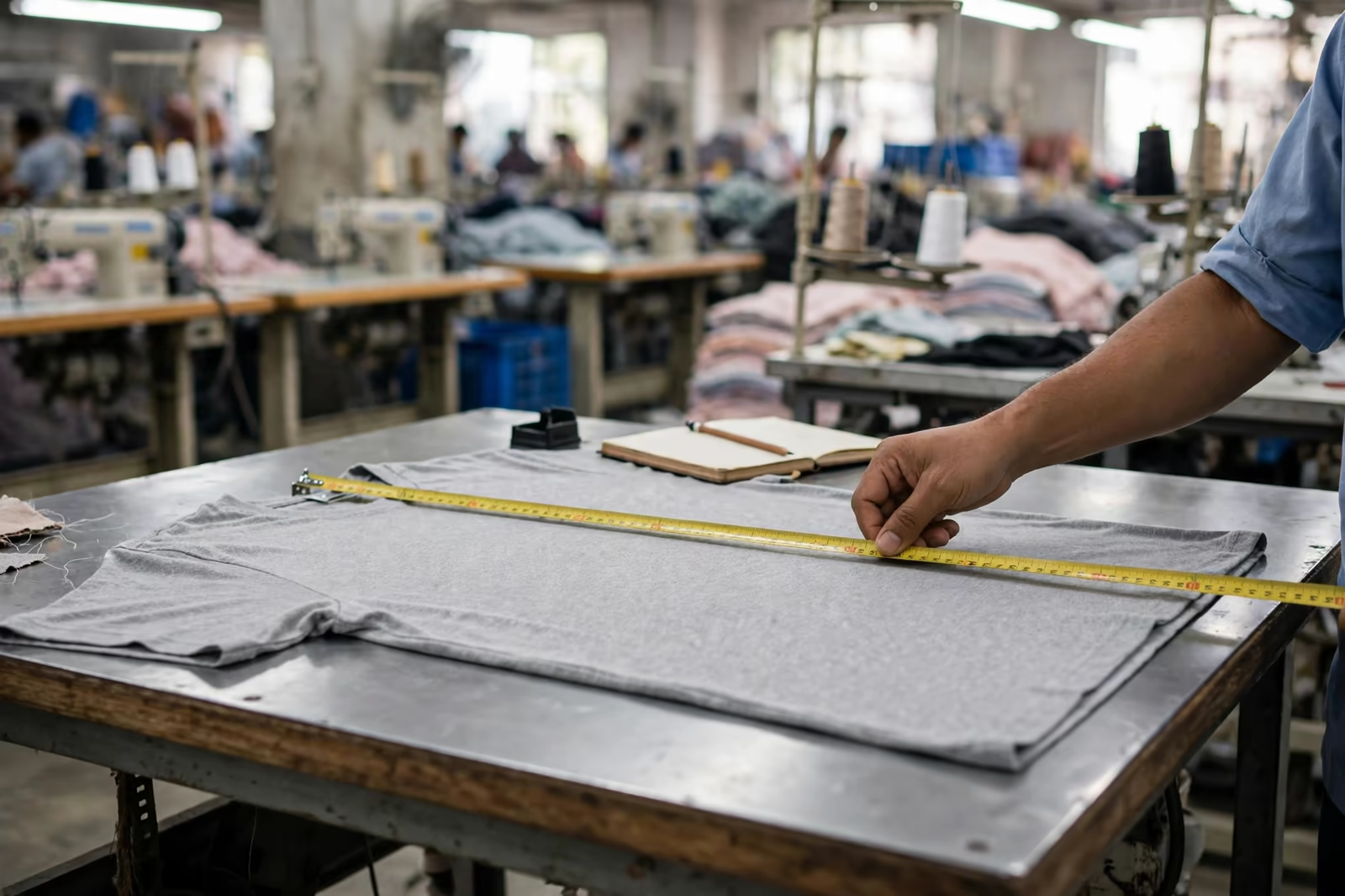 Inspector measuring a t-shirt laid flat on a table during mid production inspection in Bangladesh