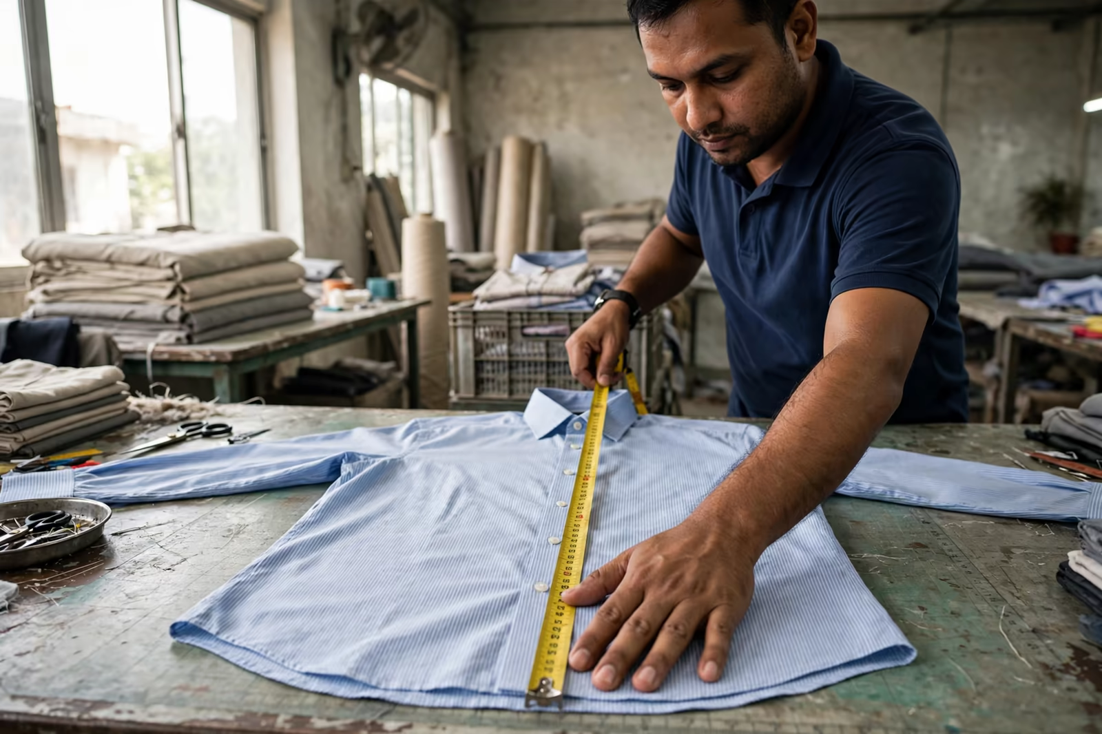 Inspector measuring a finished garment against its specification in Bangladesh