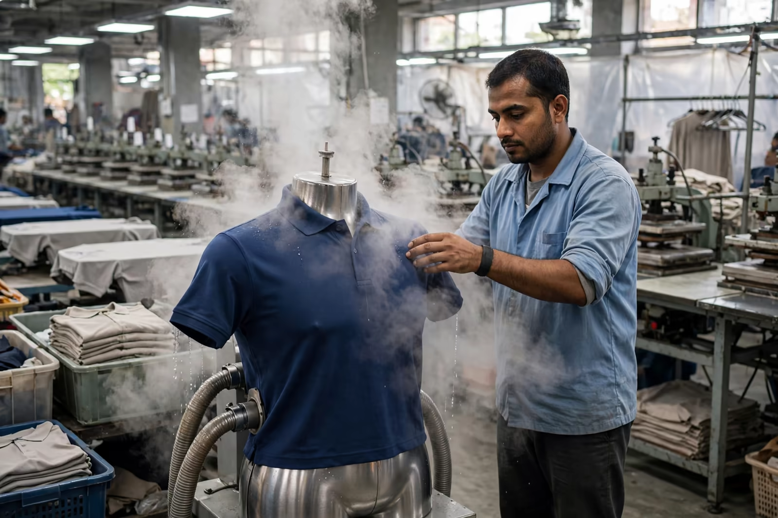 Garment pressing on a steam form finisher in a Bangladesh finishing department