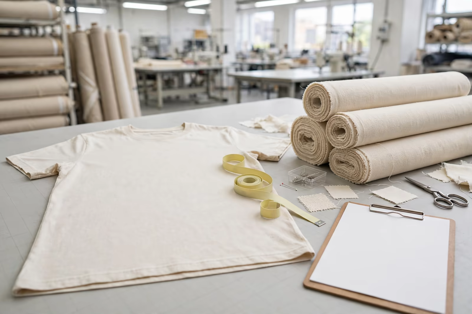 A t-shirt on a quality checking table with fabric rolls, a measuring tape and a blank clipboard, produced by a clothing manufacturer in Bangladesh