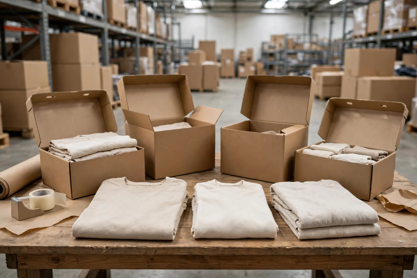 Opened cartons and folded garments on a warehouse rechecking table, produced by a clothing manufacturer in Bangladesh