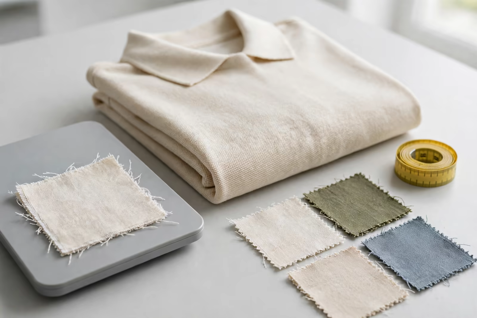 A folded polo shirt sample with fabric swatches, a measuring tape and a weighing scale on a quality table, produced by a clothing manufacturer in Bangladesh