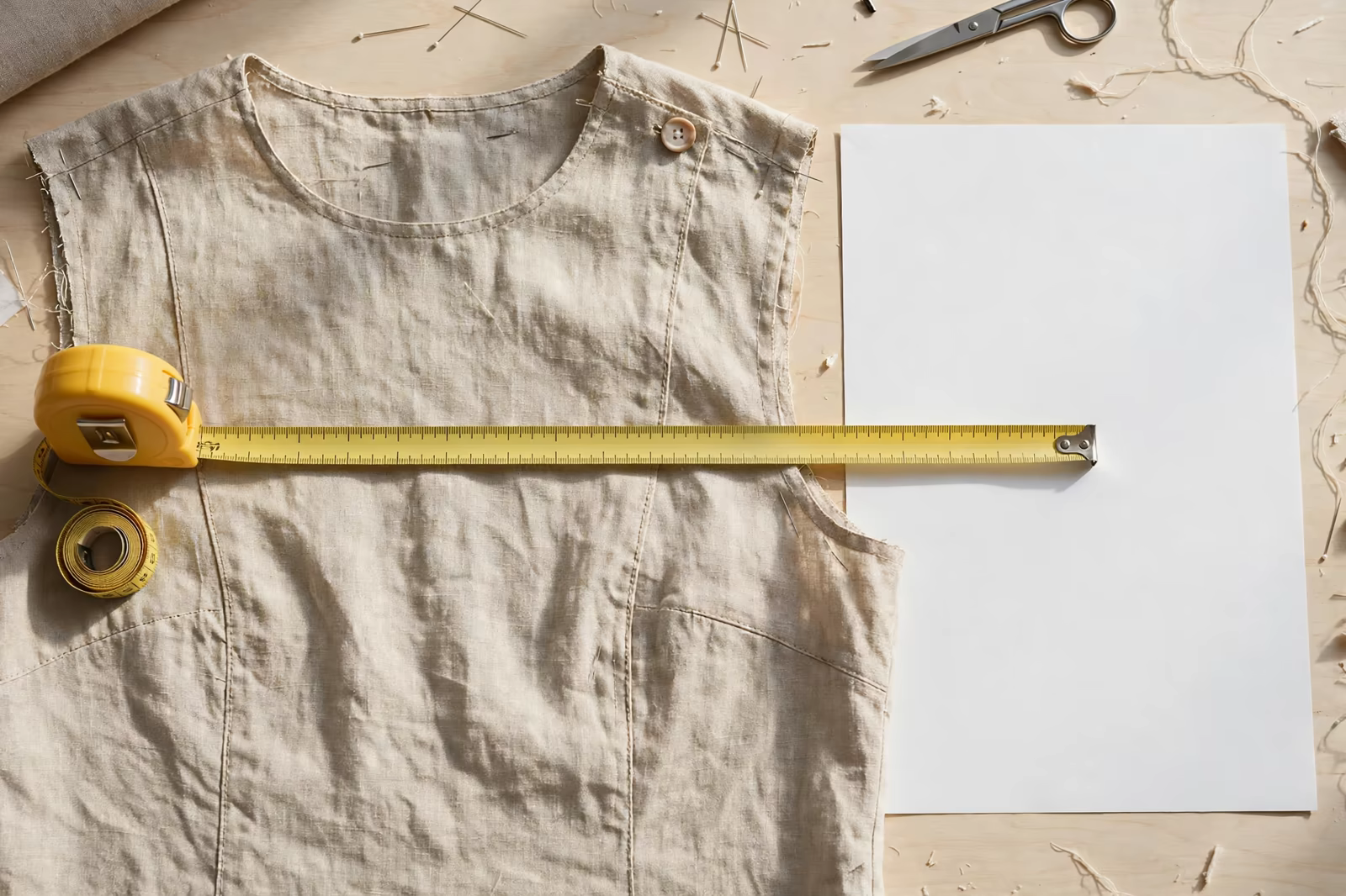 A garment sample measured across the chest with a tape beside a blank chart sheet, produced by a clothing manufacturer in Bangladesh