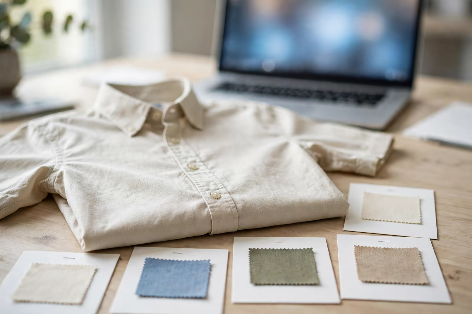 A sample shirt and blank fabric swatch cards on a desk during a video review, a blurred laptop behind, produced by a clothing manufacturer in Bangladesh