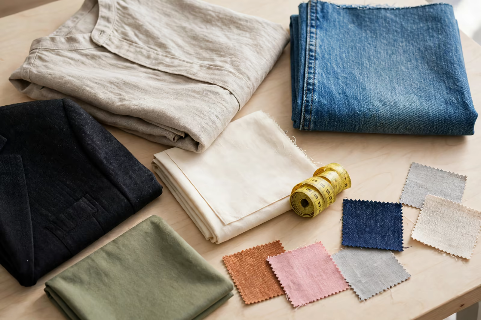 Garment samples with fabric swatches and a measuring tape on an inspection table, produced by a clothing manufacturer in Bangladesh