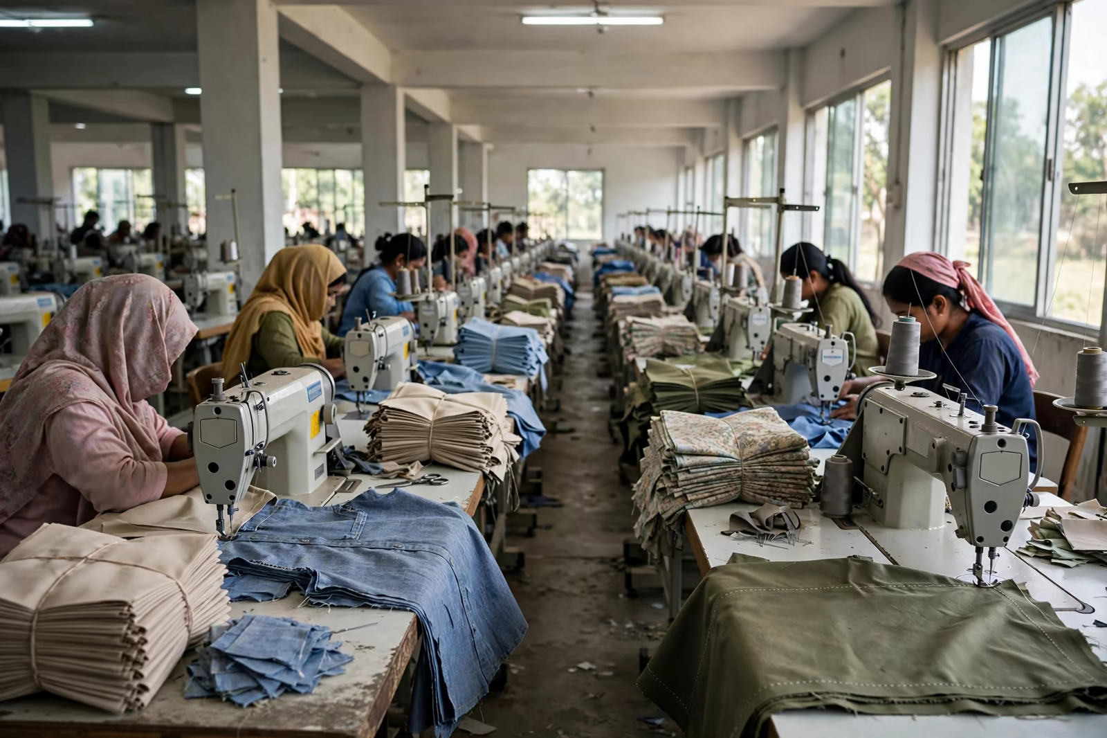 Long sewing line with industrial machines and garment bundles during bulk production in Bangladesh