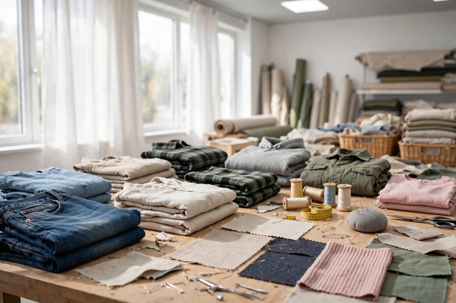 Garments laid out for sorting and rework on a long table in a bright finishing area, produced by a clothing manufacturer in Bangladesh