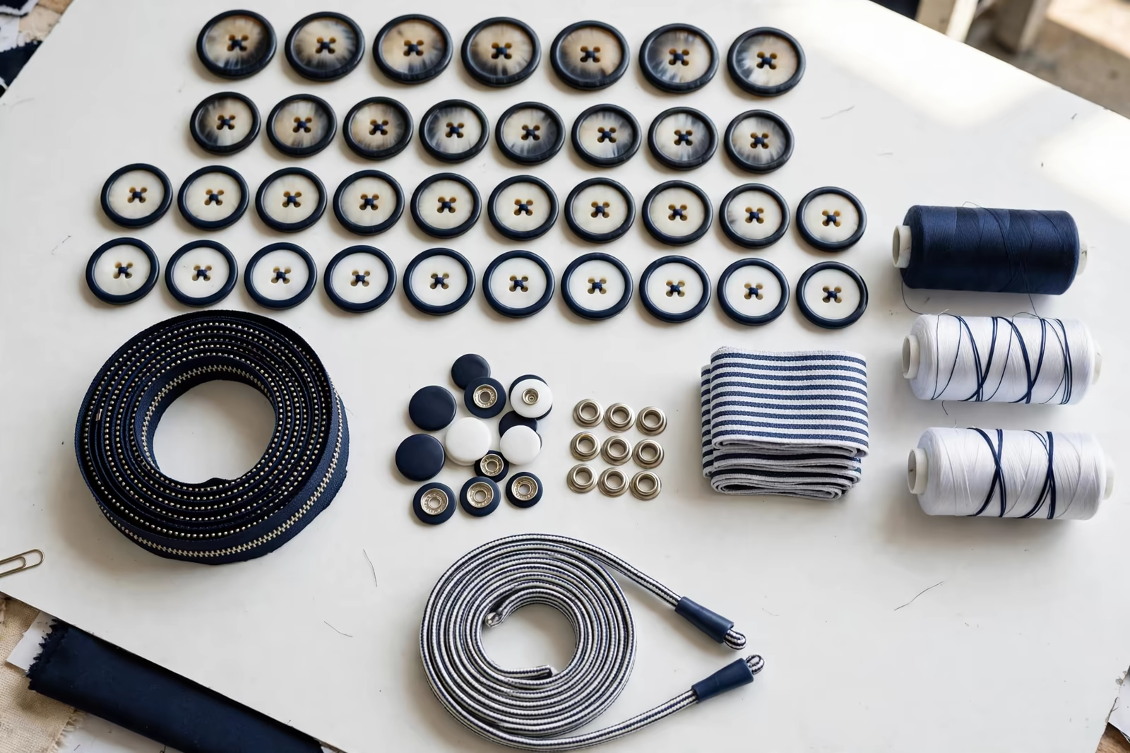 Buttons, zips, labels and trims laid out for a garment order in Bangladesh