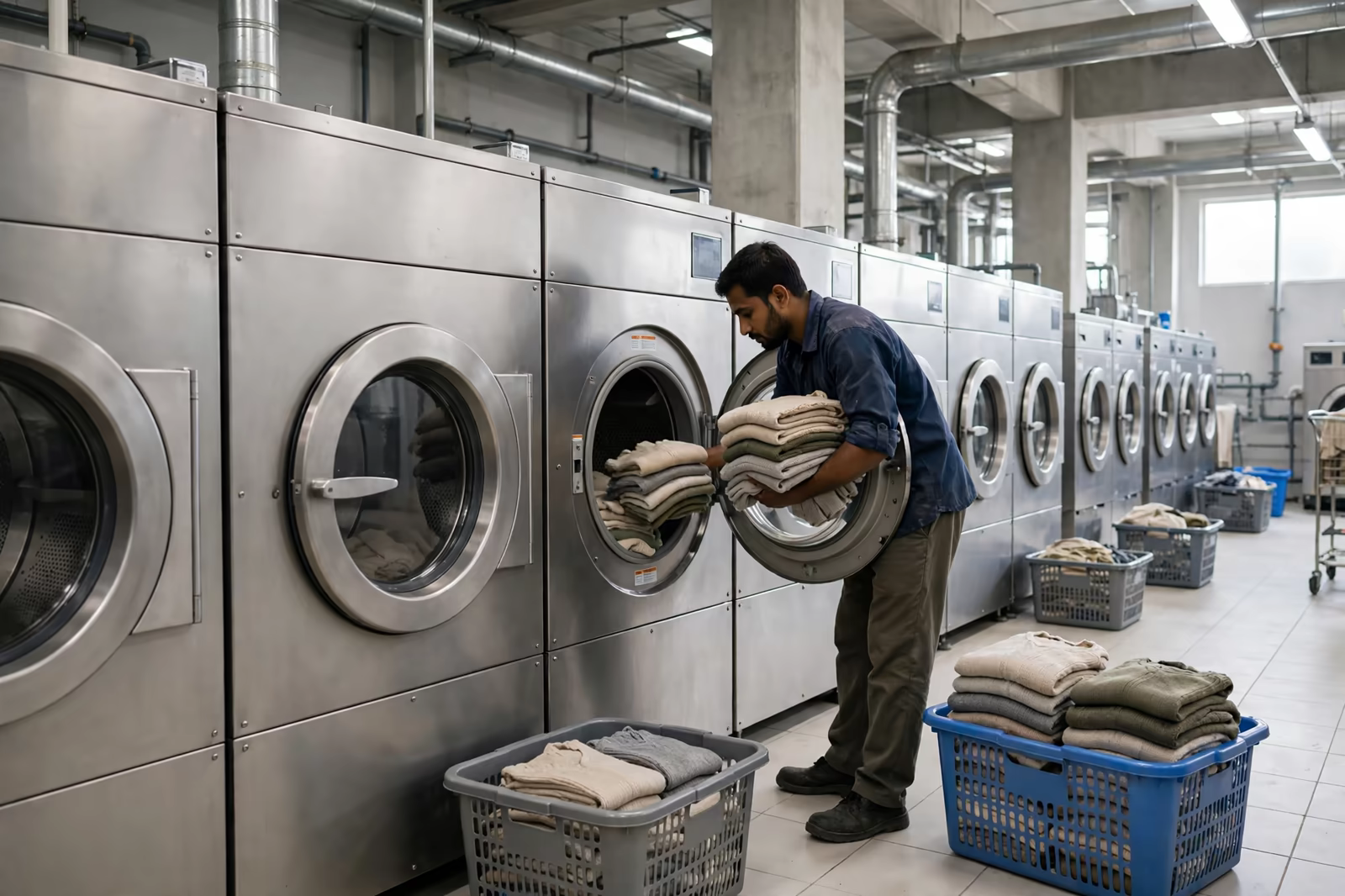 Finished garments being washed in industrial laundry machines in Bangladesh