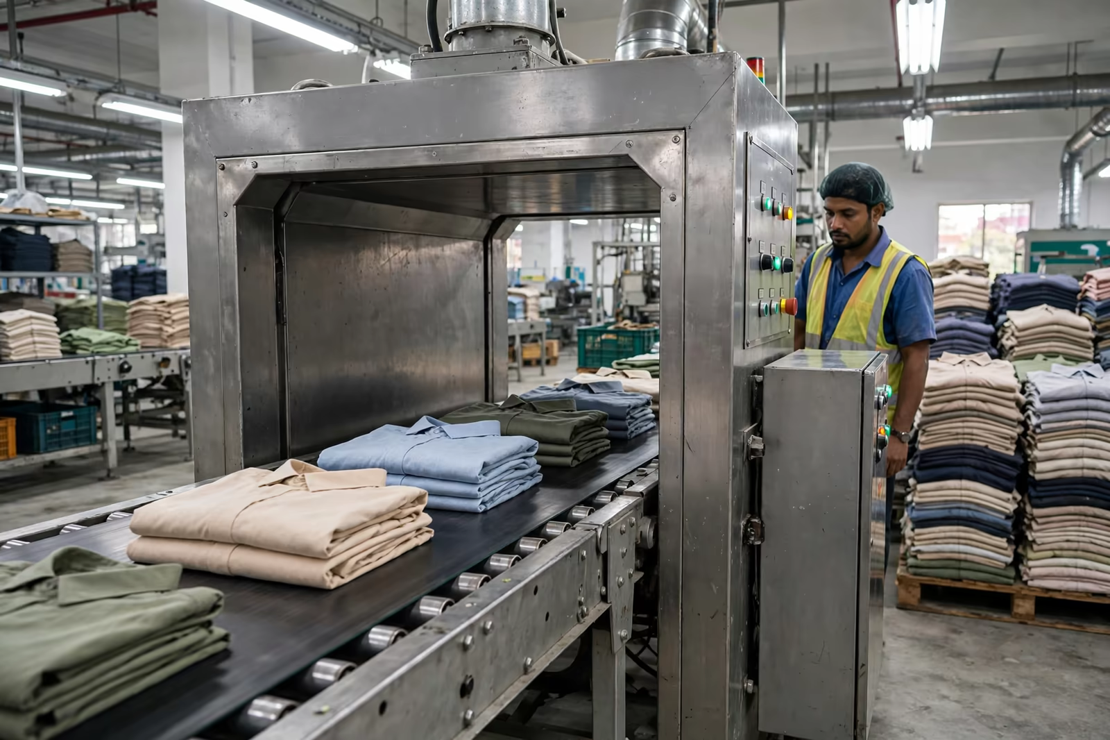 Folded garments passing through a conveyor metal detector tunnel in a factory in Bangladesh