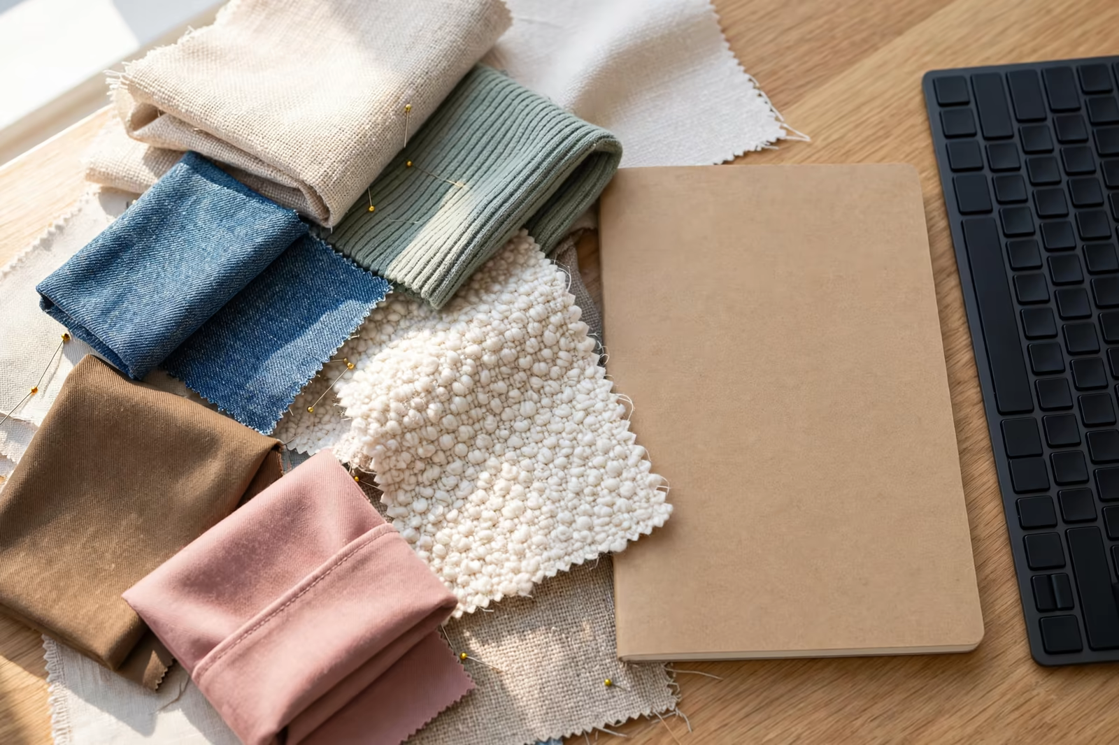 Fabric swatches and a blank notebook beside a keyboard on a desk, produced by a clothing manufacturer in Bangladesh
