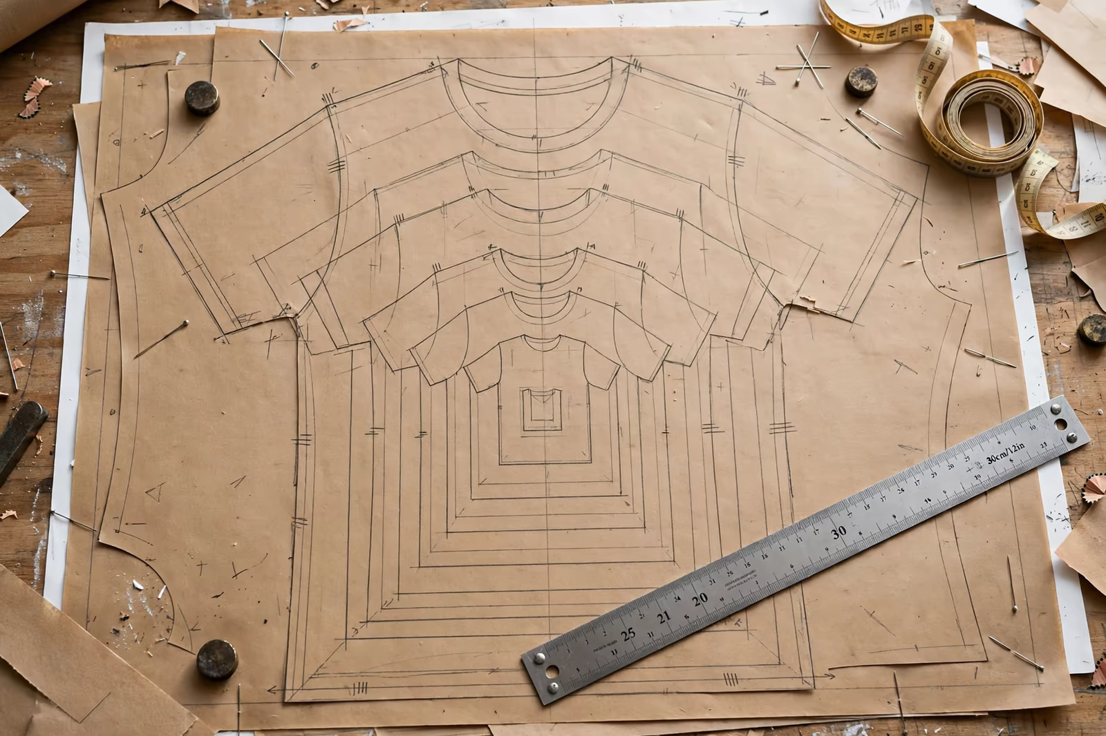 Graded pattern nest of t-shirt sizes in Bangladesh