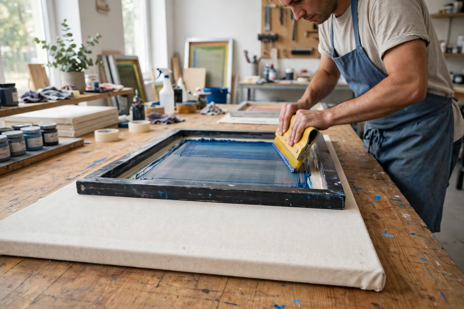 Manual screen printing on a long table with the frame flat and the printer pulling the squeegee, produced by a clothing manufacturer in Bangladesh