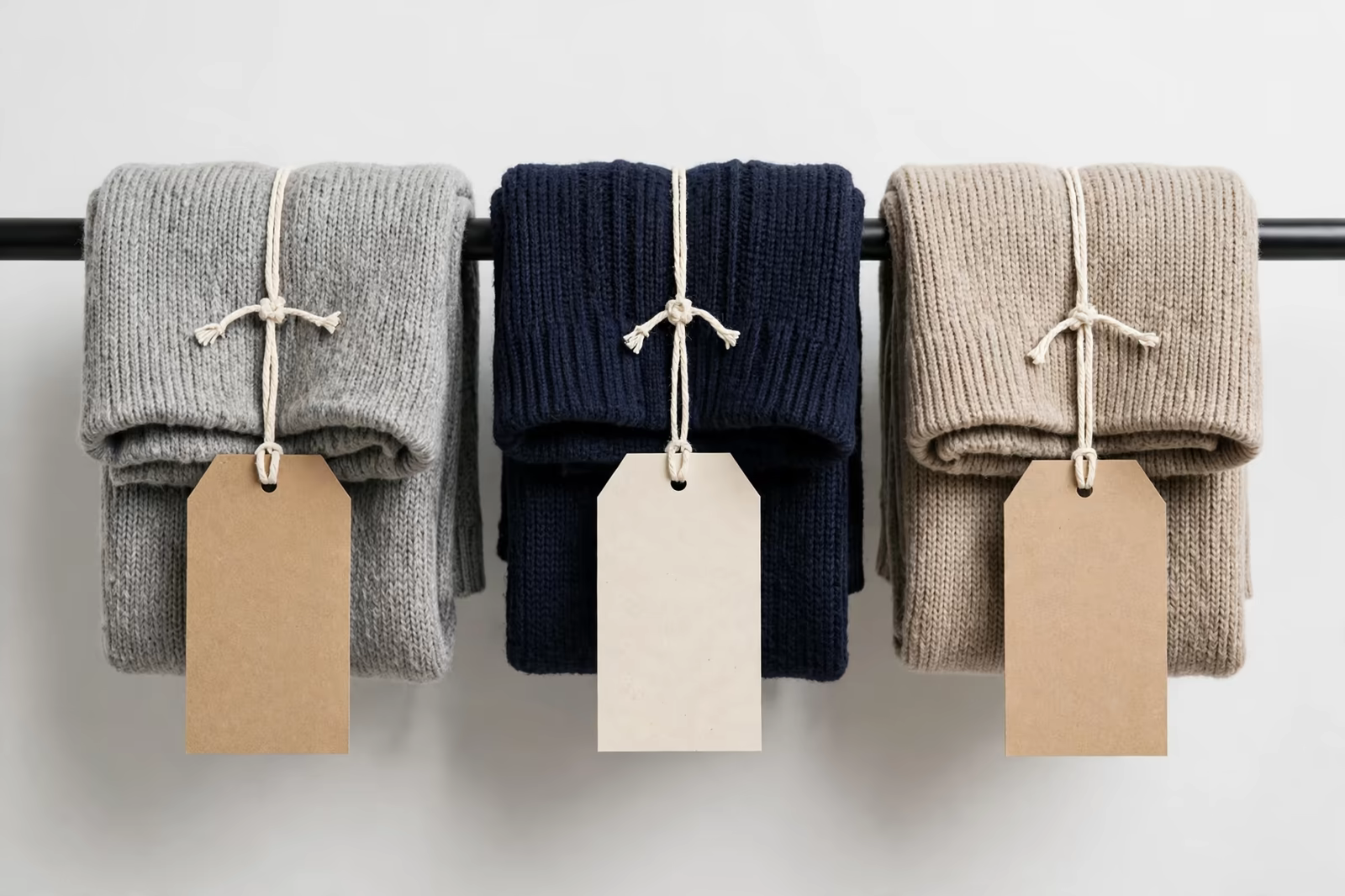 Hang tags on folded garments from a manufacturer in Bangladesh